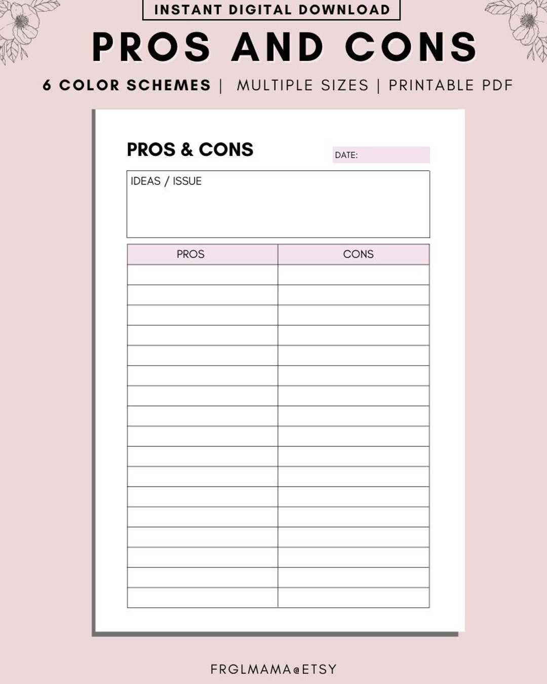 Printable Pros And Cons List Instant Download Print At Home Planner Pages Life Organizer Templates Pro And Con Print Template A4 A5 PDF Etsy