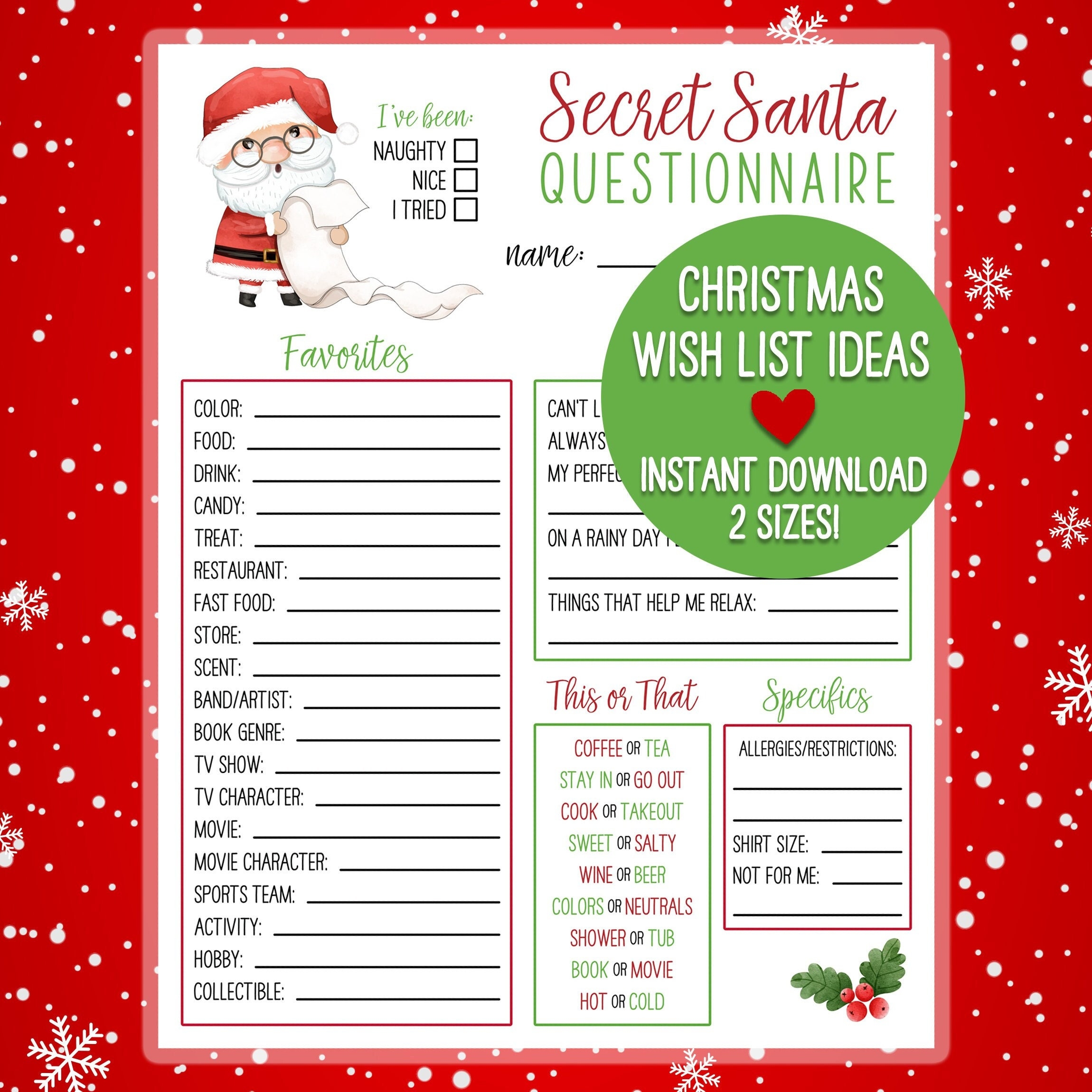 Secret Santa List Template Free