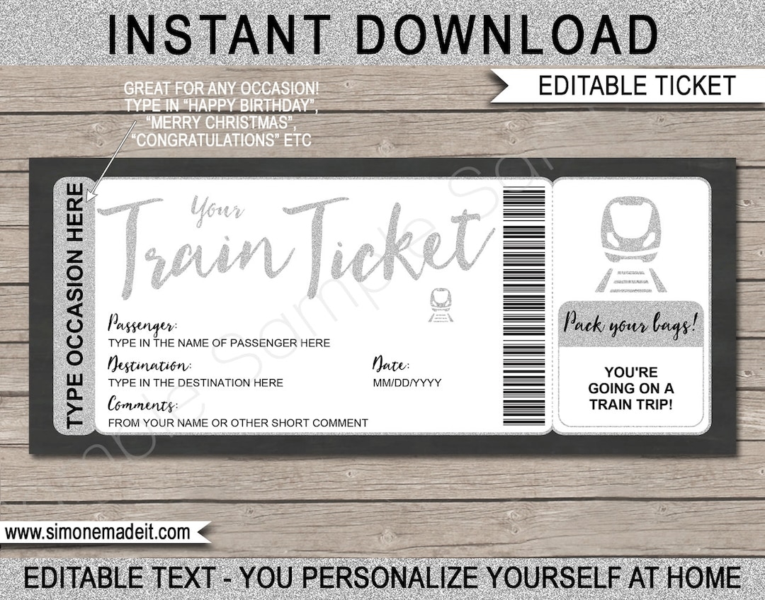 Printable Train Ticket Template Fake Boarding Pass Gift Surprise Train Trip Reveal Any Destination Silver Coupon INSTANT DOWNLOAD Etsy 