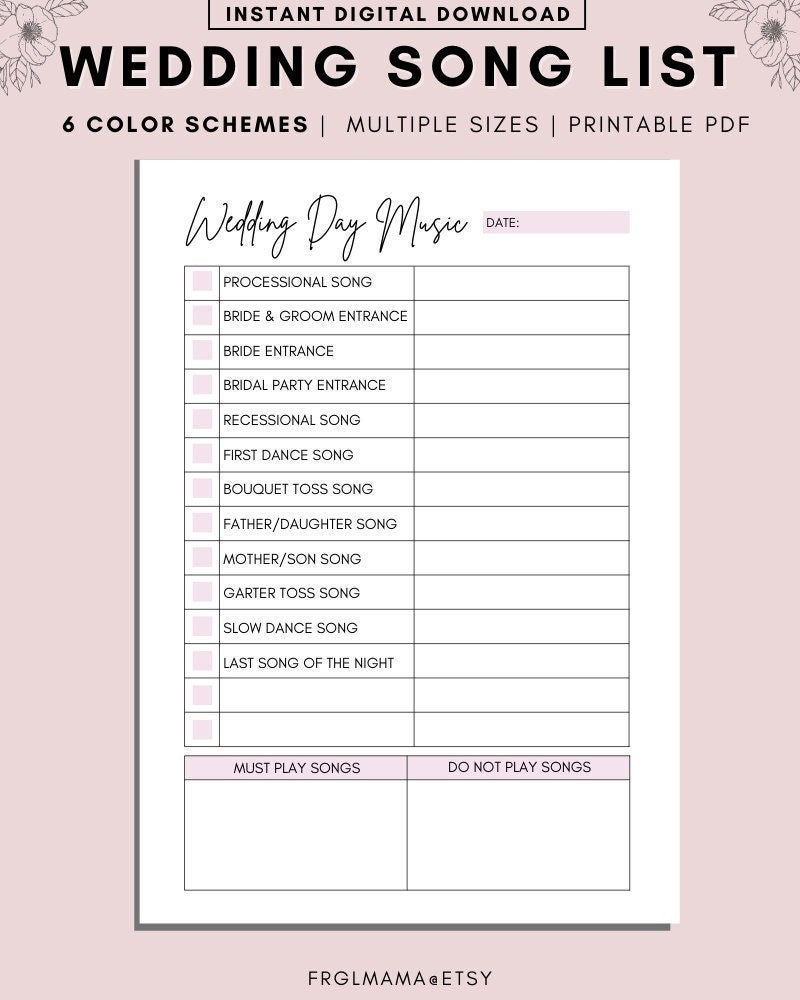 Printable Wedding Song List Wedding Playlist Wedding Music List DJ Song List Wedding DJ Questionnaire Wedding Processional Songs PDF Etsy Australia
