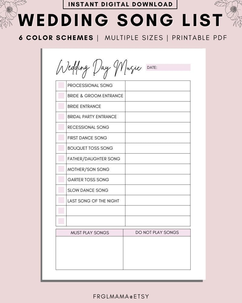 Printable Wedding Song List Wedding Playlist Wedding Music List DJ Song List Wedding DJ Questionnaire Wedding Processional Songs PDF Etsy Australia
