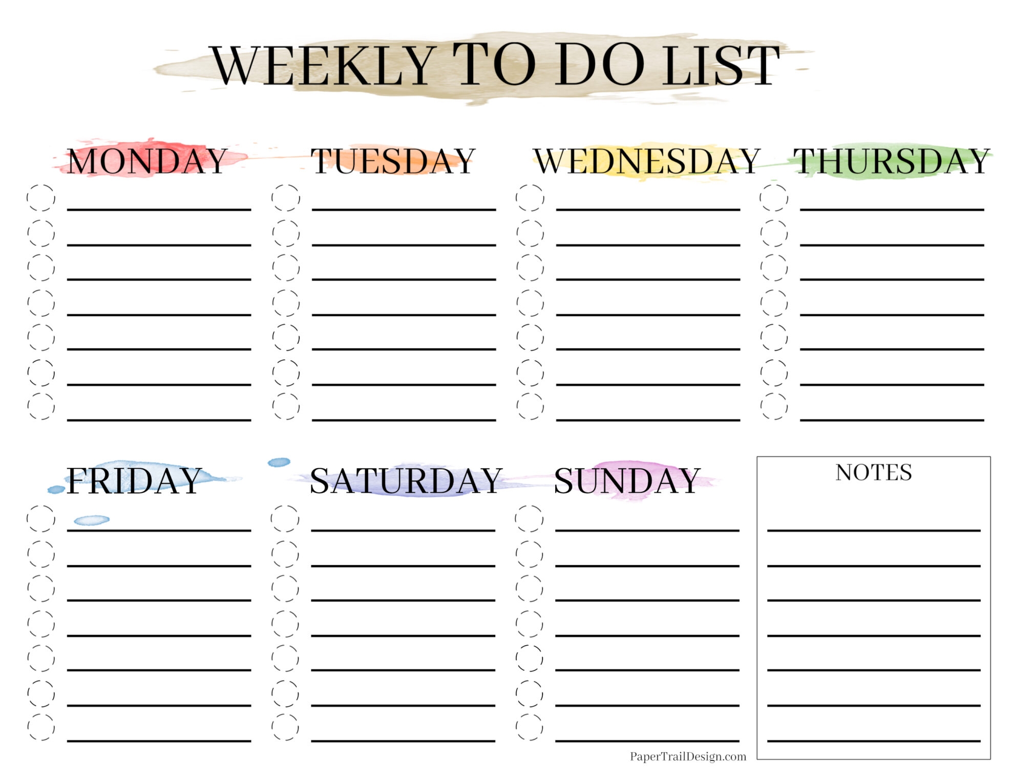 Pritntable Weekly To Do List Template Watercolor Paper Trail Design