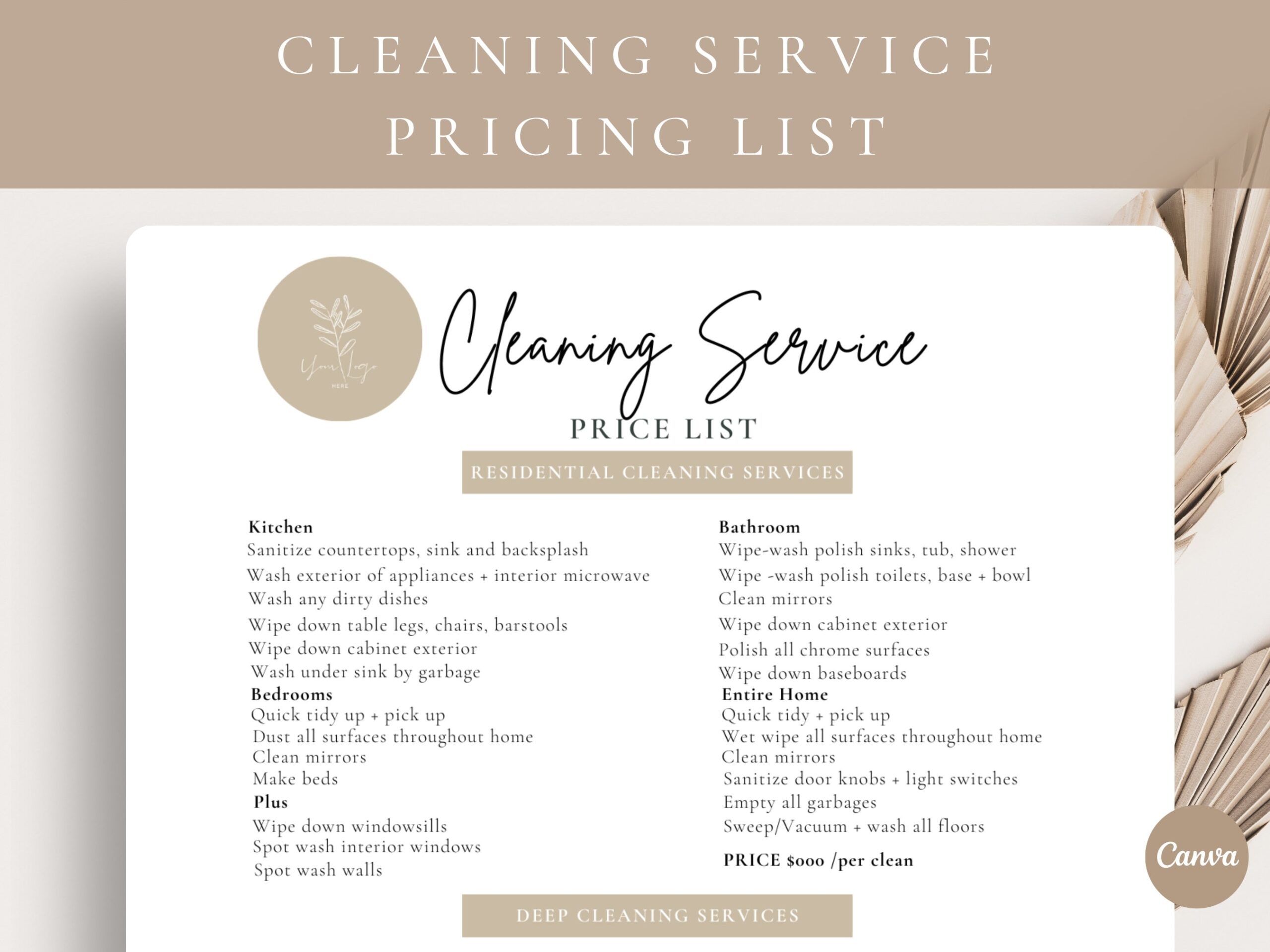 House Cleaning Services Price List Template