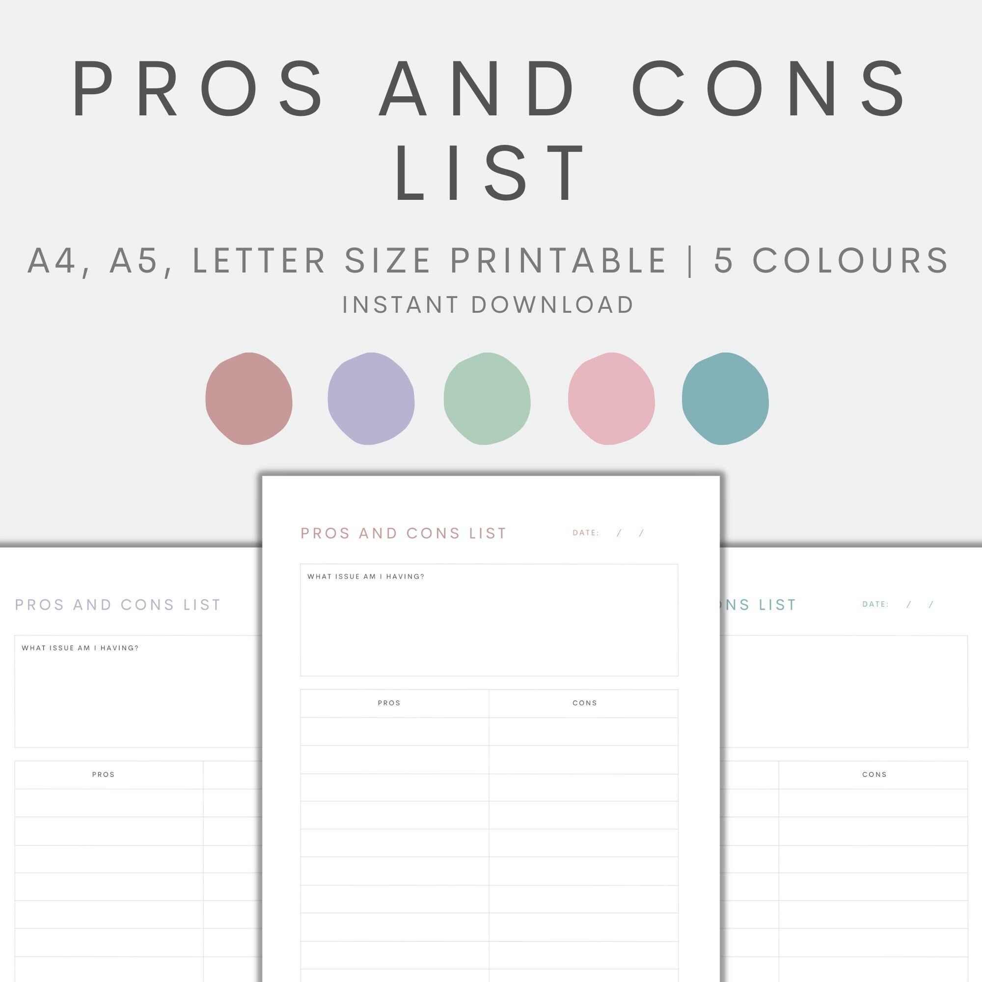 Pros And Cons List Printable List Template Planner Insert Printable Life Planner Printable Instant Download PDF Etsy