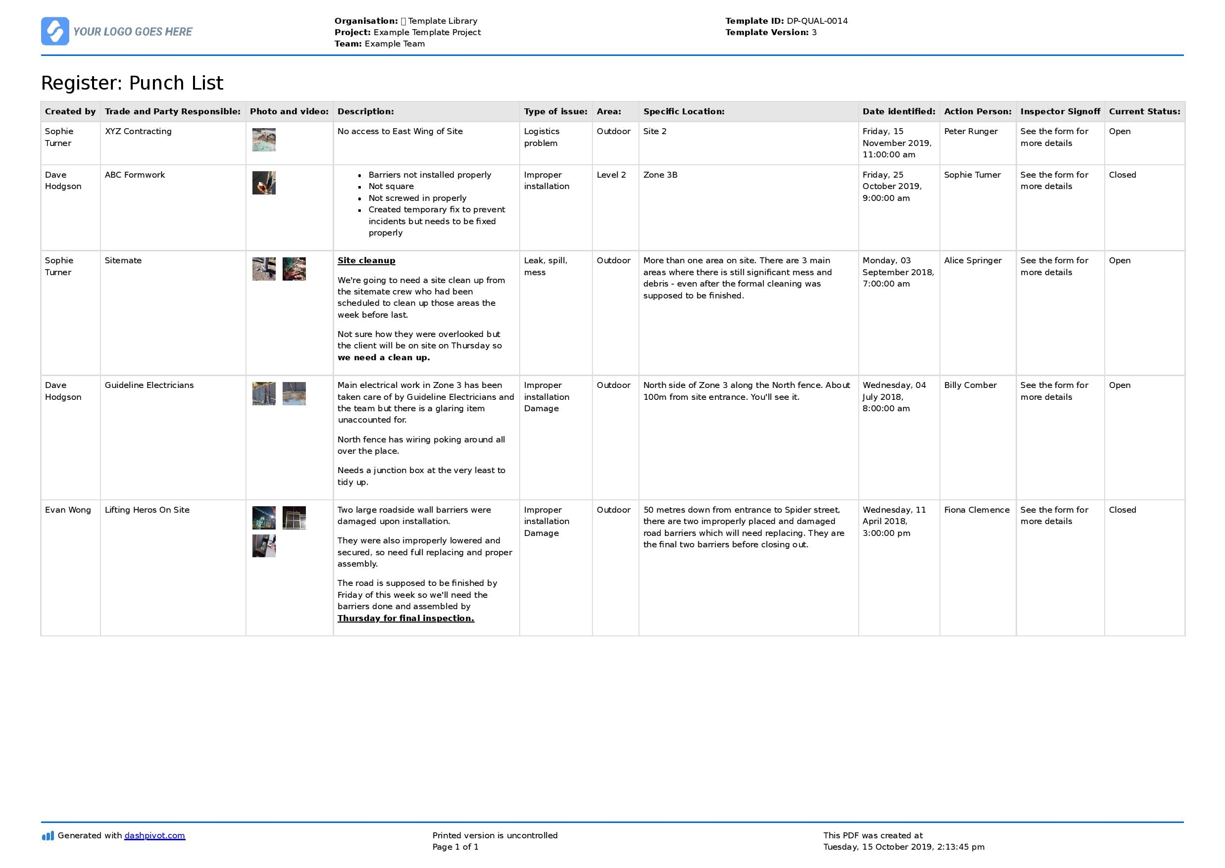 Punch List Template Construction