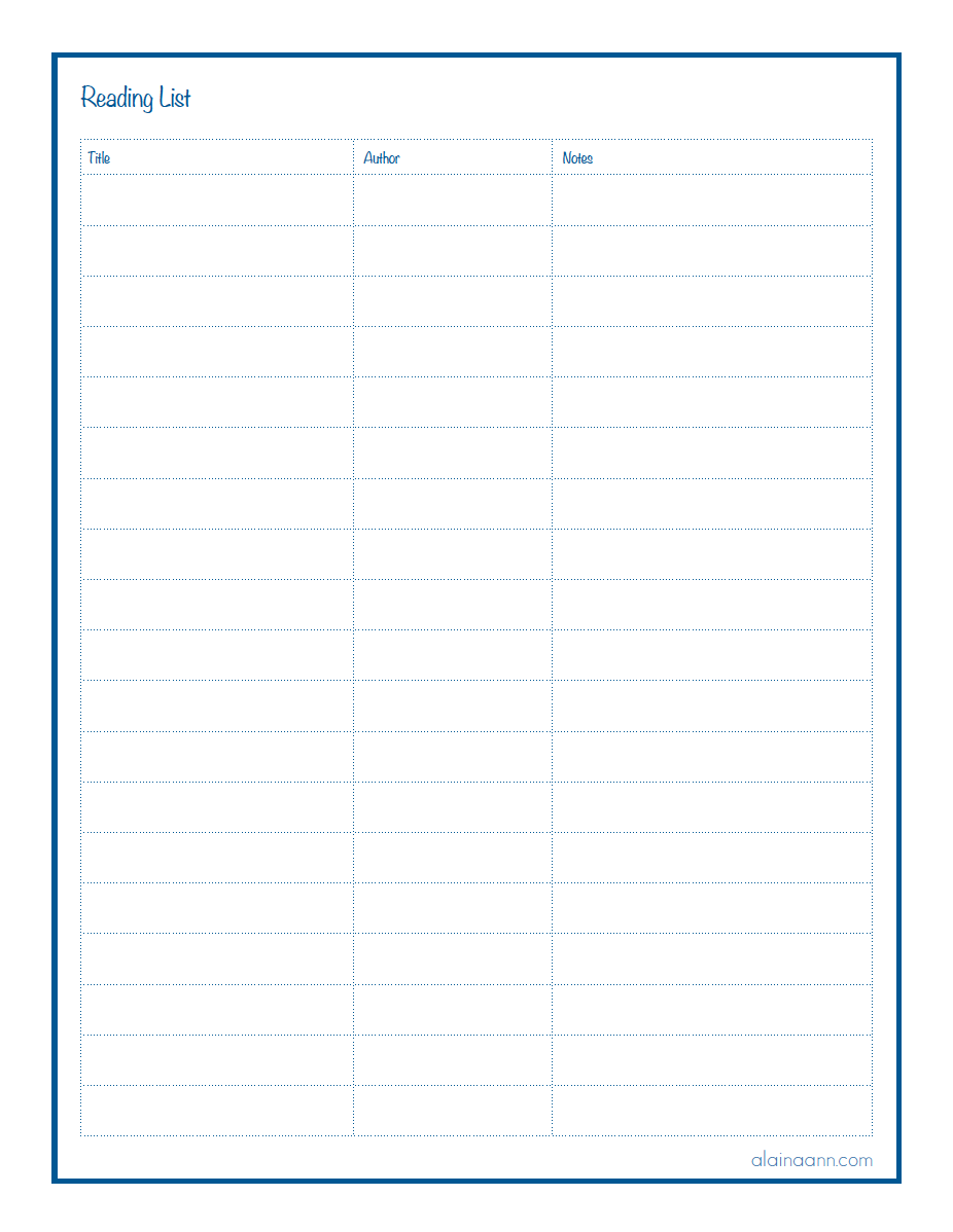 Reading List Printable Alaina Ann
