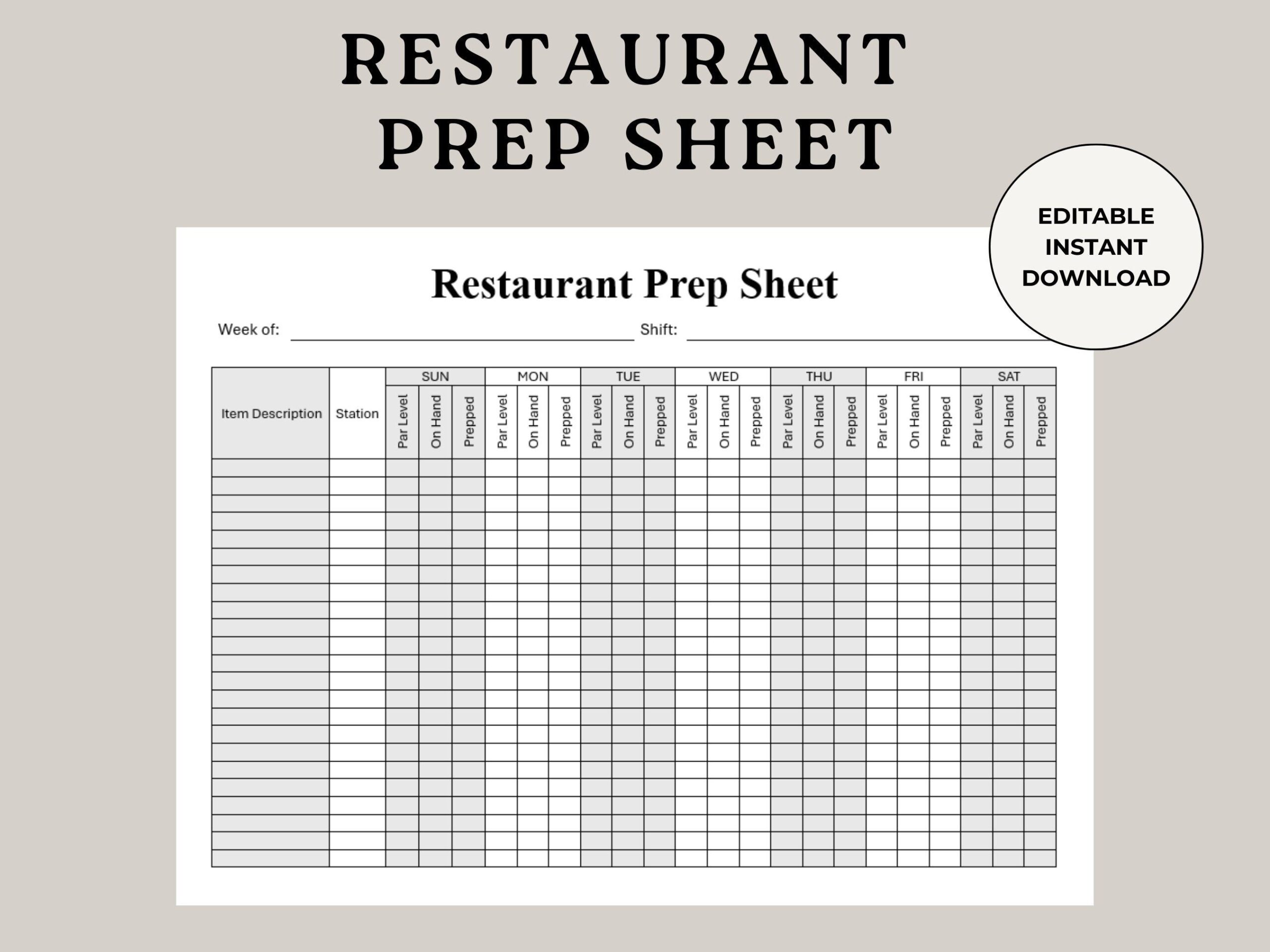 Restaurant Prep Sheet Food Prep Chart Food Prep Sheet 