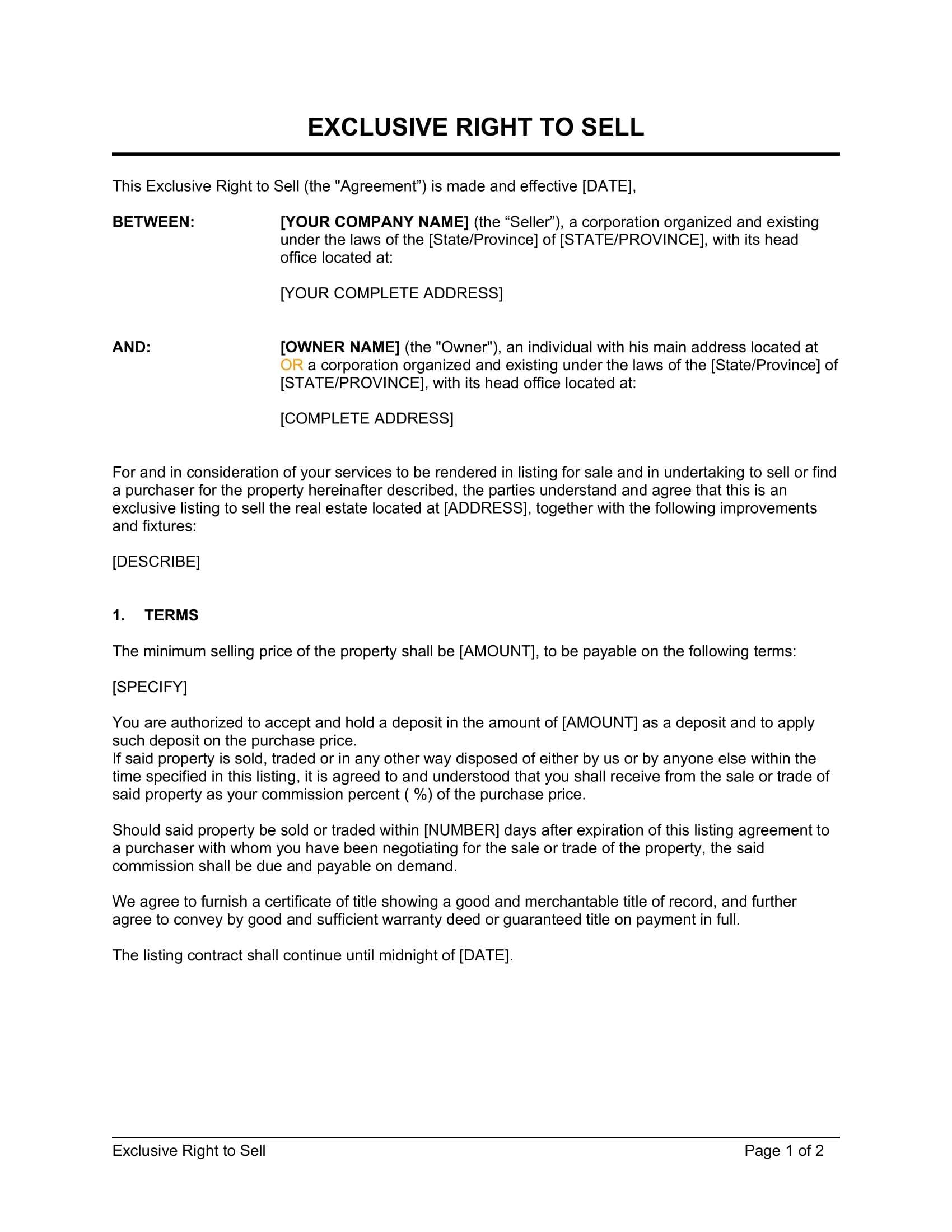 Listing Agreement Template