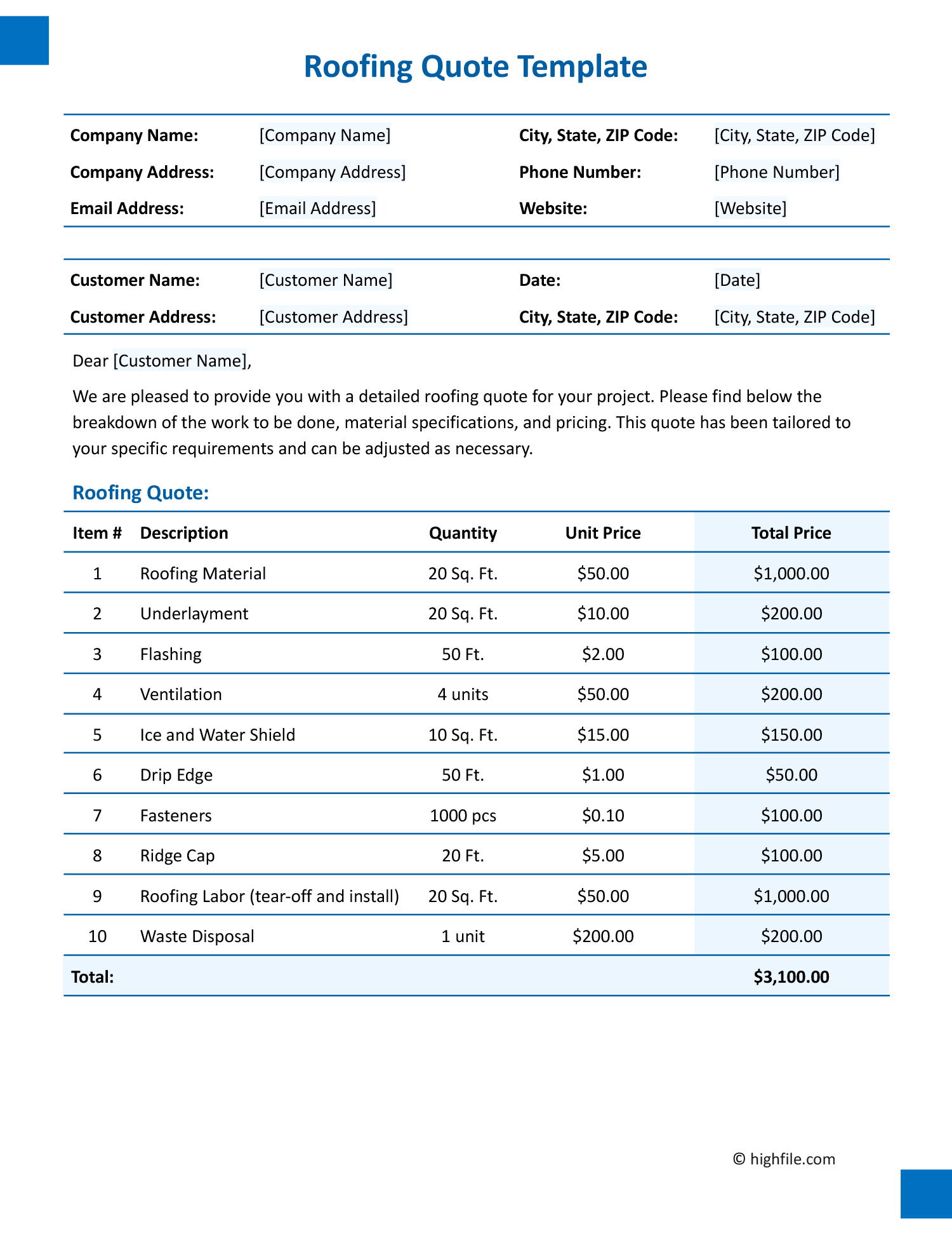 Roofing Material List Template