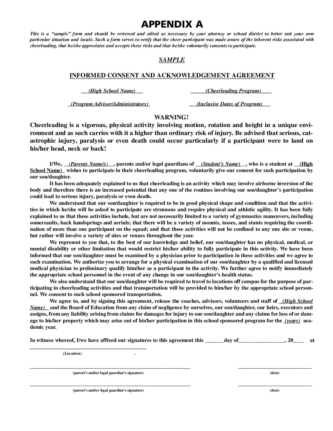 Cheerleading Permission Slip Template