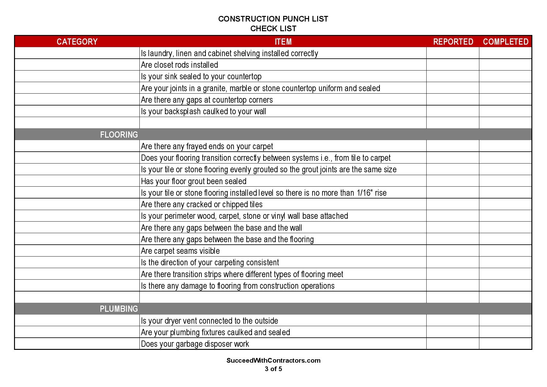 Sample Punch List