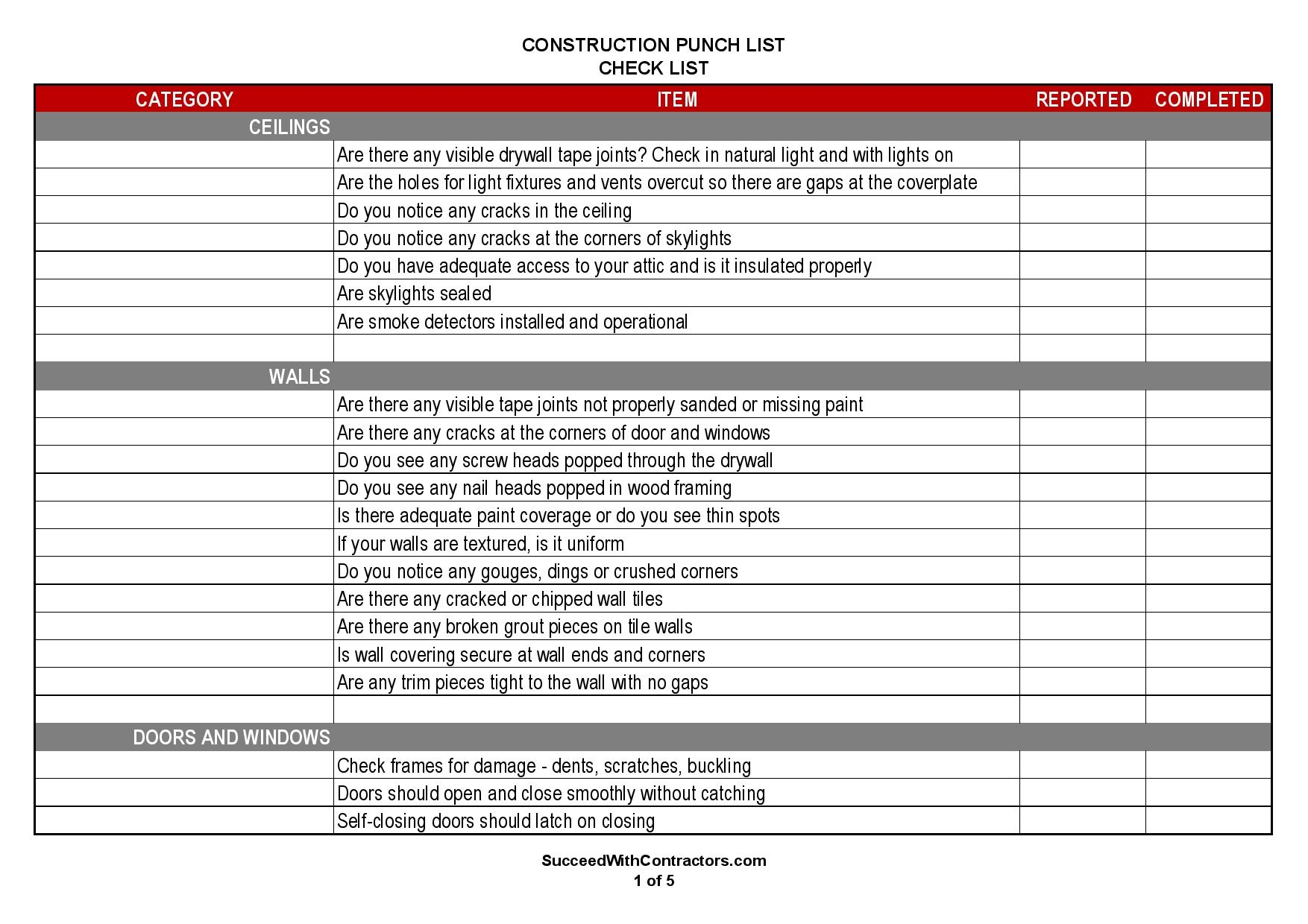 Punch List Template Construction