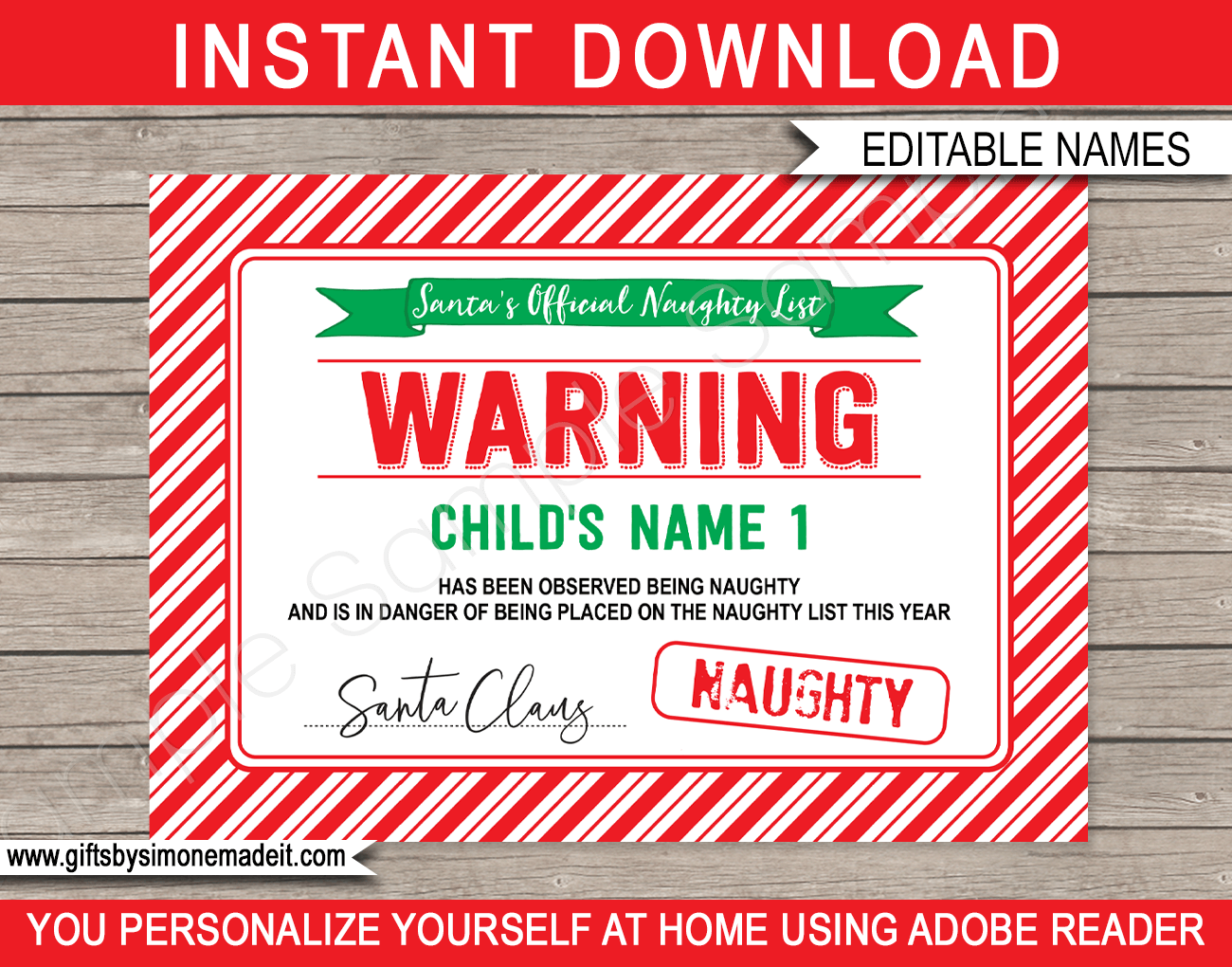Santa s Official Naughty List Warning Certificate Red U0026 Green
