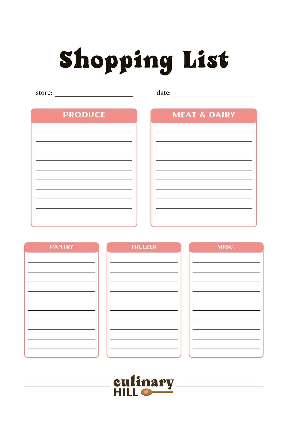 Shopping List Template Word