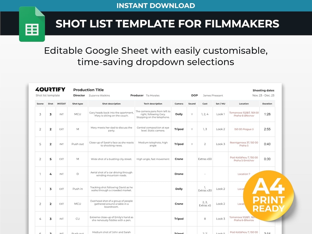 Shot List Template For Filmmakers Google Sheets Etsy
