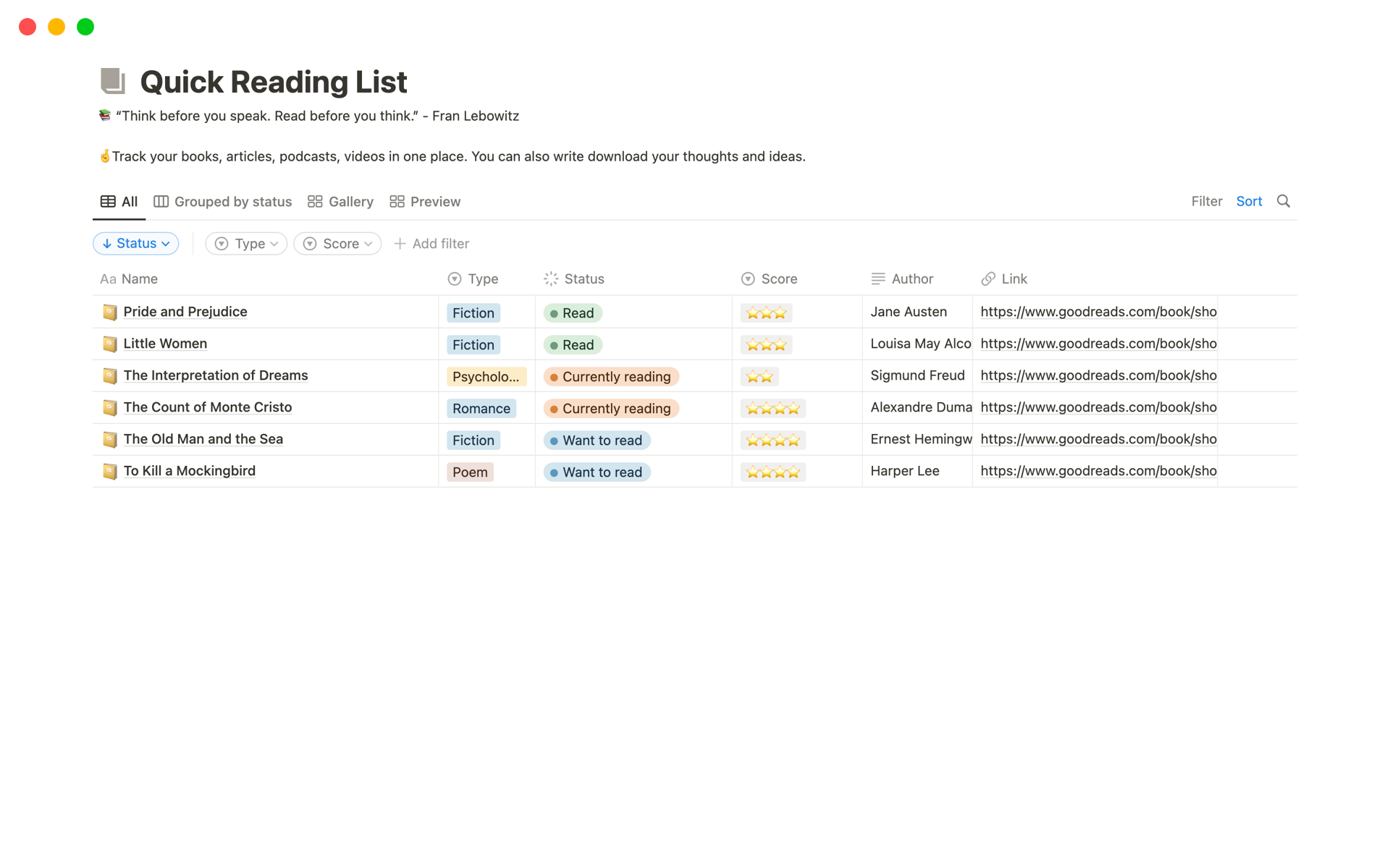 Notion Reading List Template