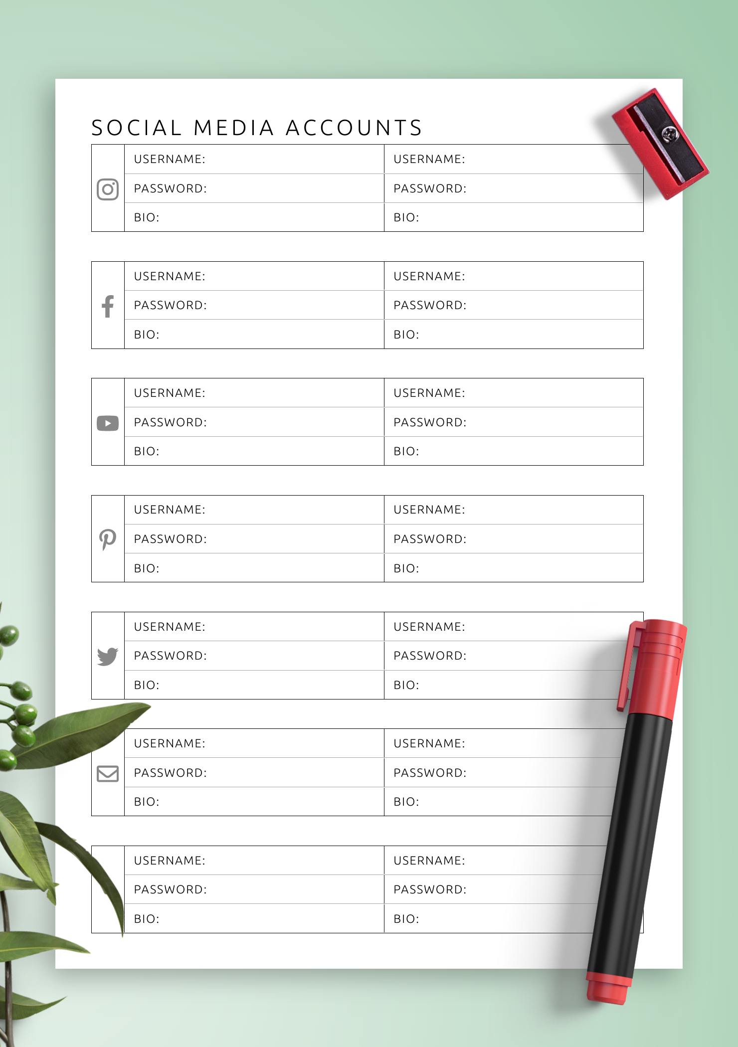 Social Media Accounts Template Simple Strategy Organizer
