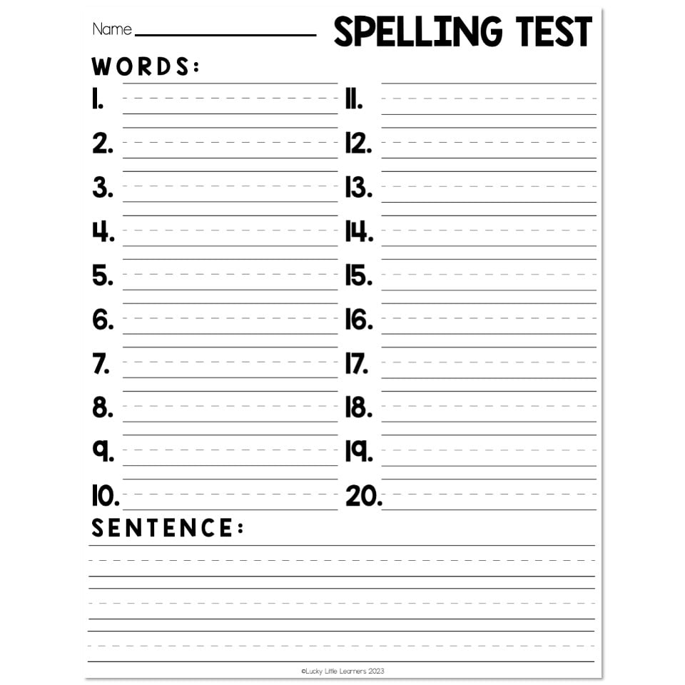 Spelling Test Template 20 Words Sentence Lines Lucky Little 