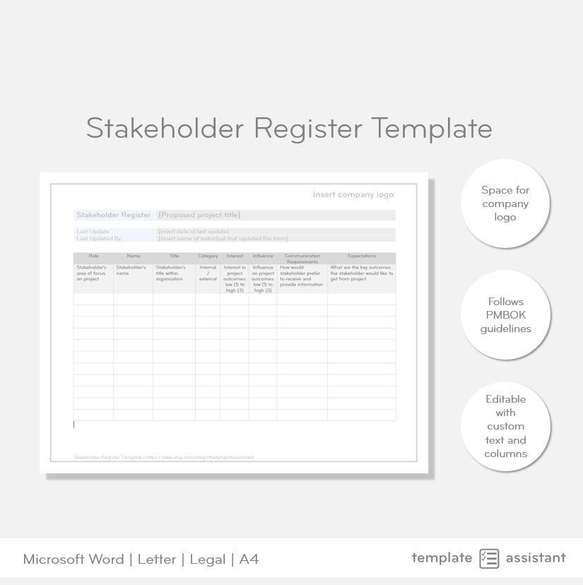 Stakeholder Register Project Management Template Digital Download