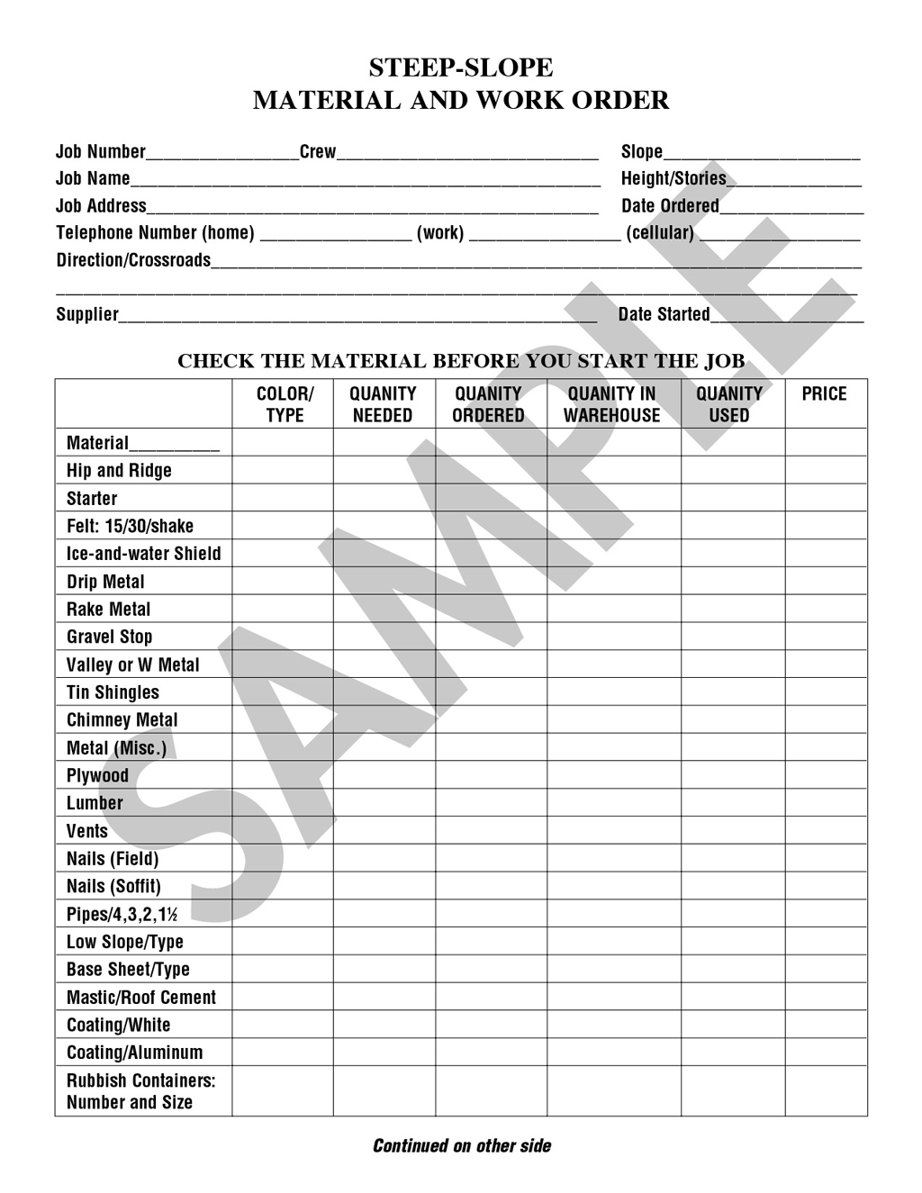 Steep Slope Material U0026 Work Order Form Tablet 25 Sheets NRCA