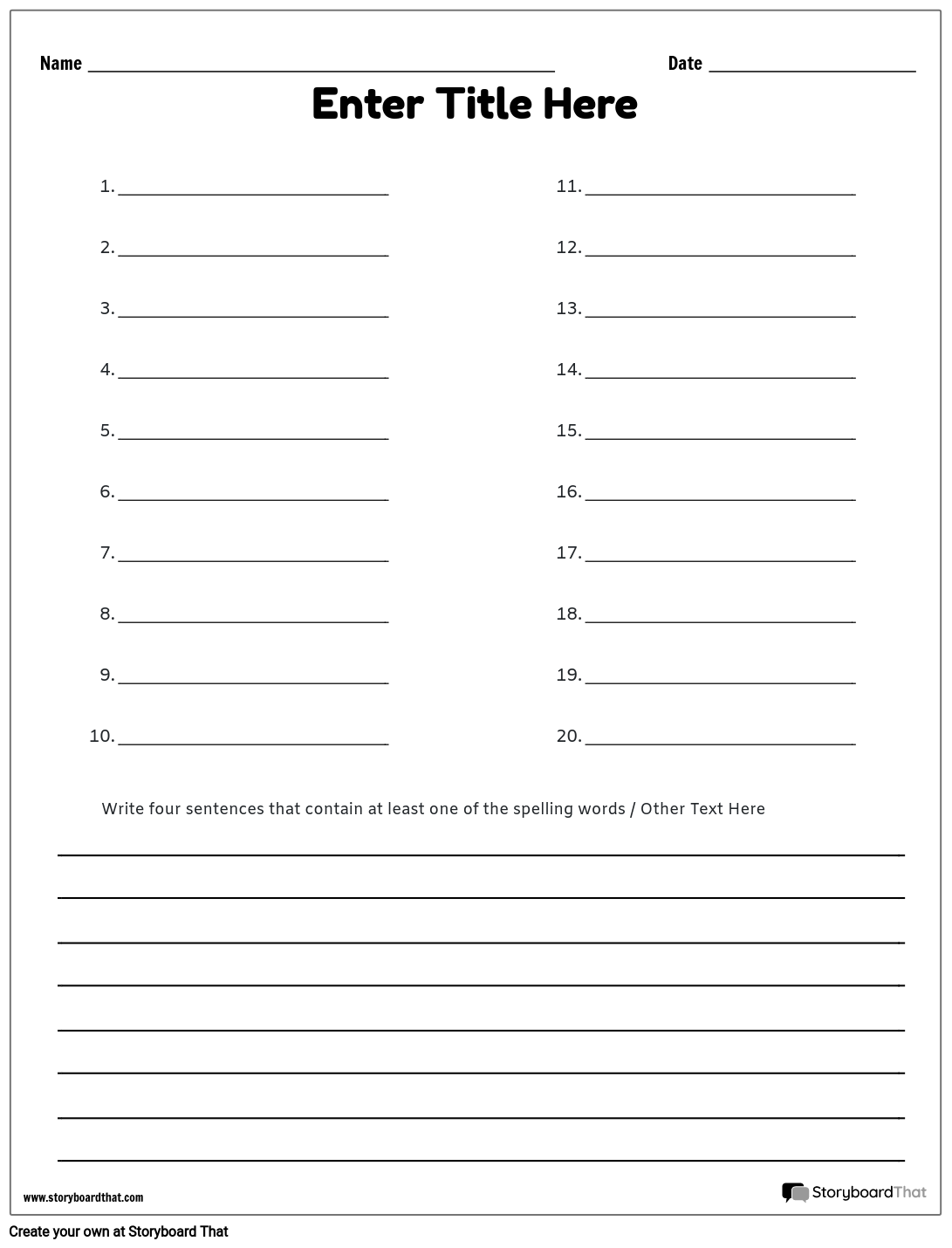 Spelling List Template