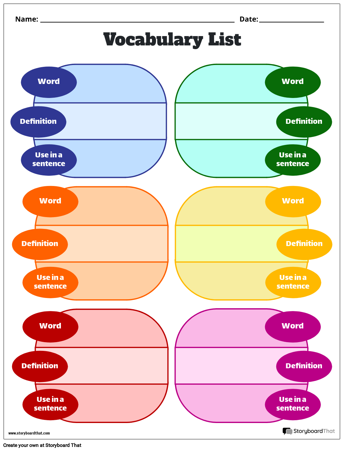 Vocabulary List Template Word