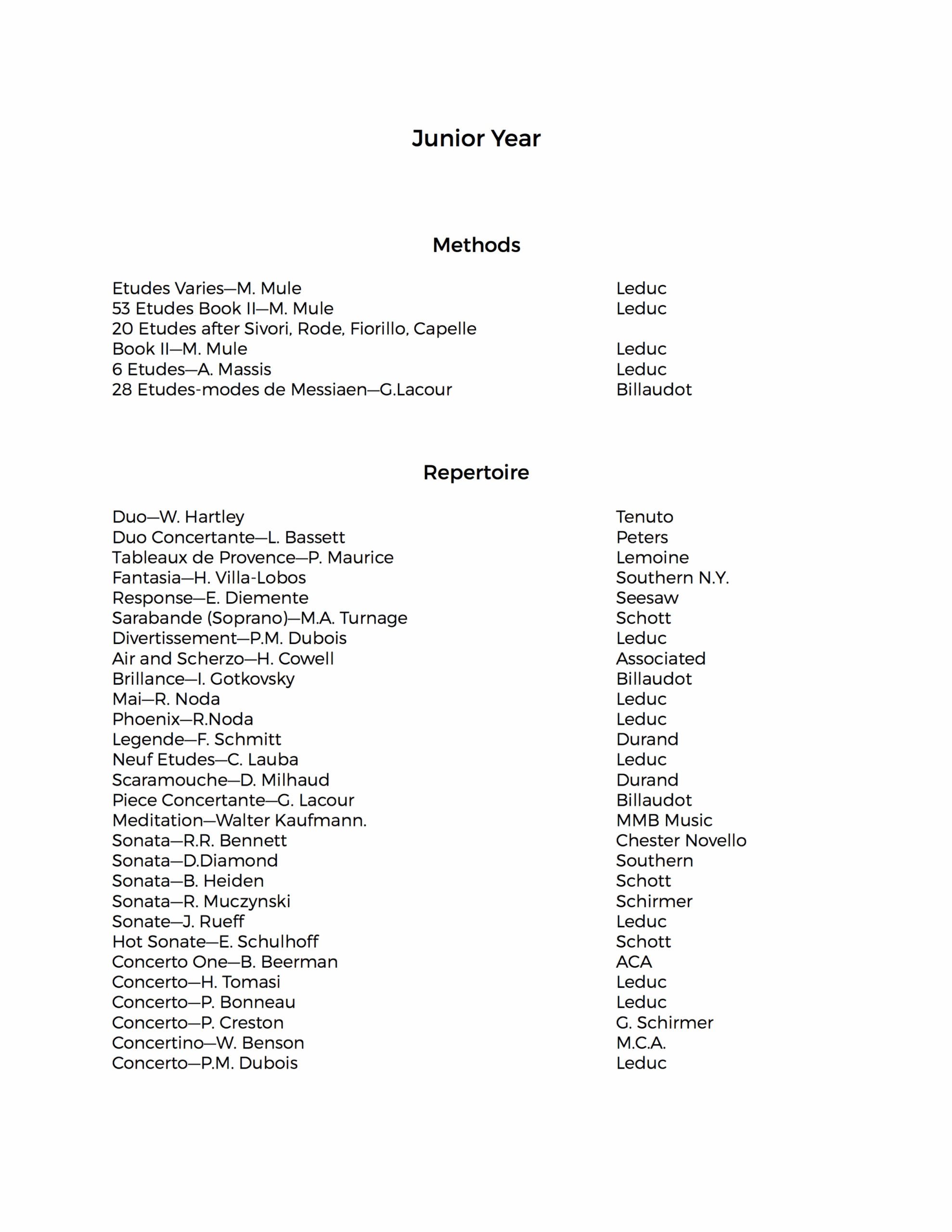 Studio Repertoire List Ken Foerch