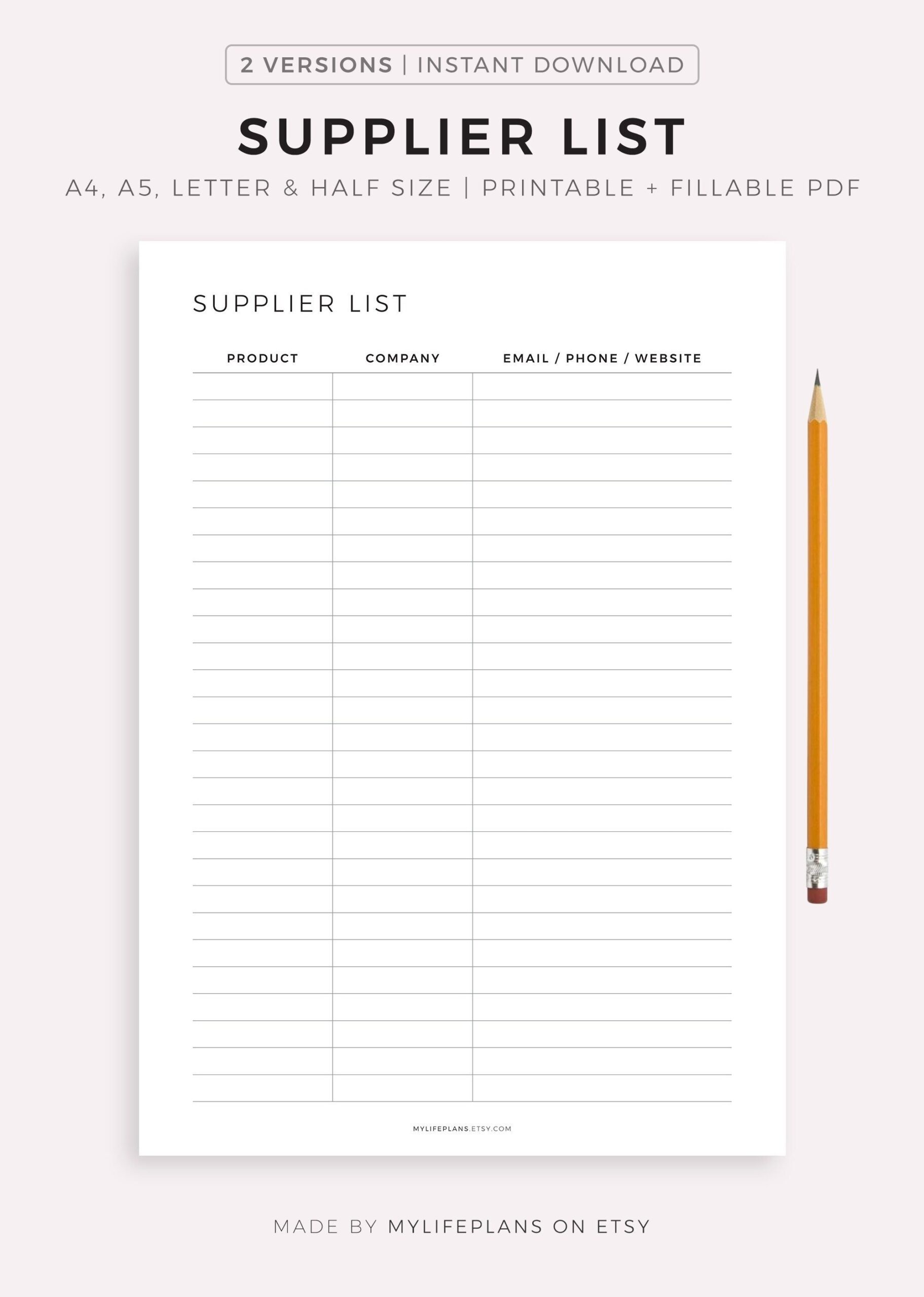 Supplier List Printable Supplier Information Log Supplies Vendor 