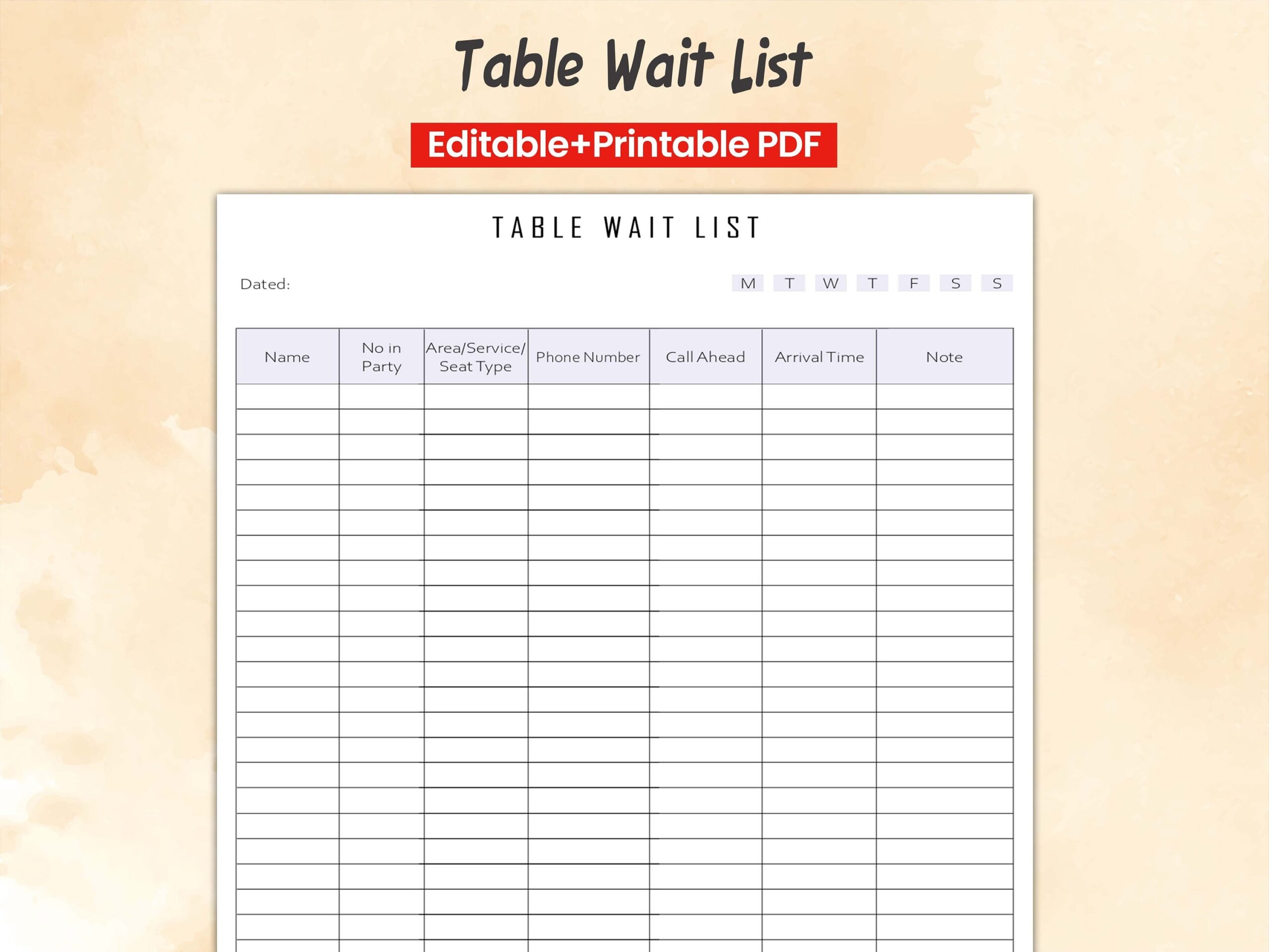 Table Wait List Template Restaurant Waitlist Template Seating 