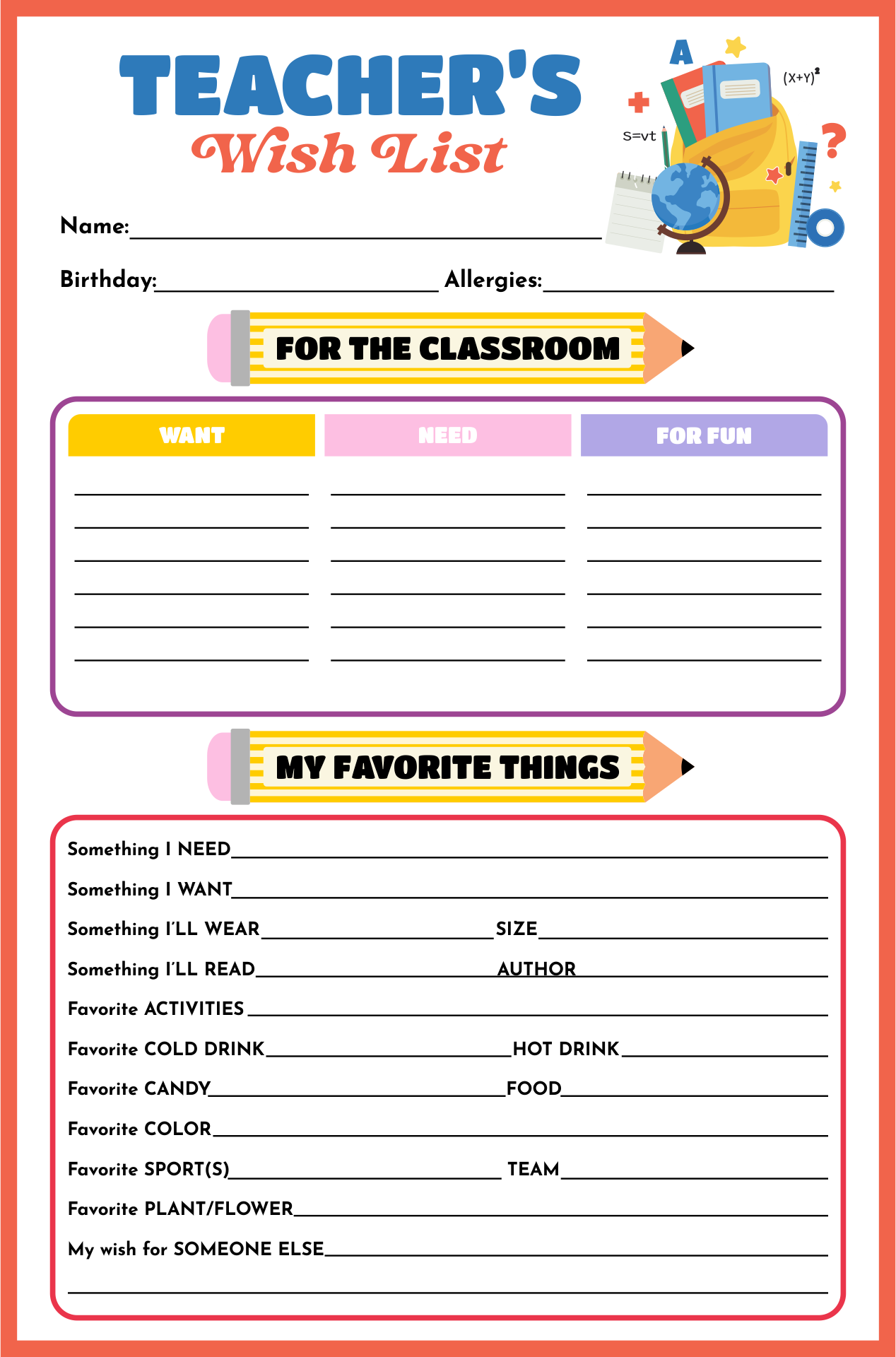 Classroom Wish List Template