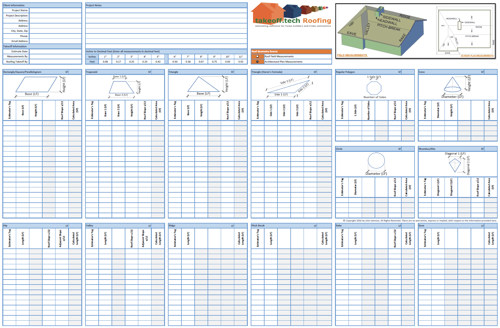 The Shingle Roofing Takeoff Template And Measurement Data Sheet
