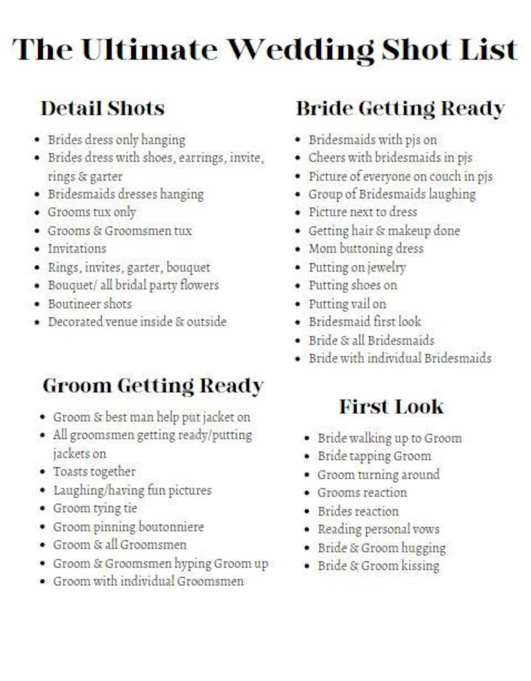 Wedding Photographer Shot List Template