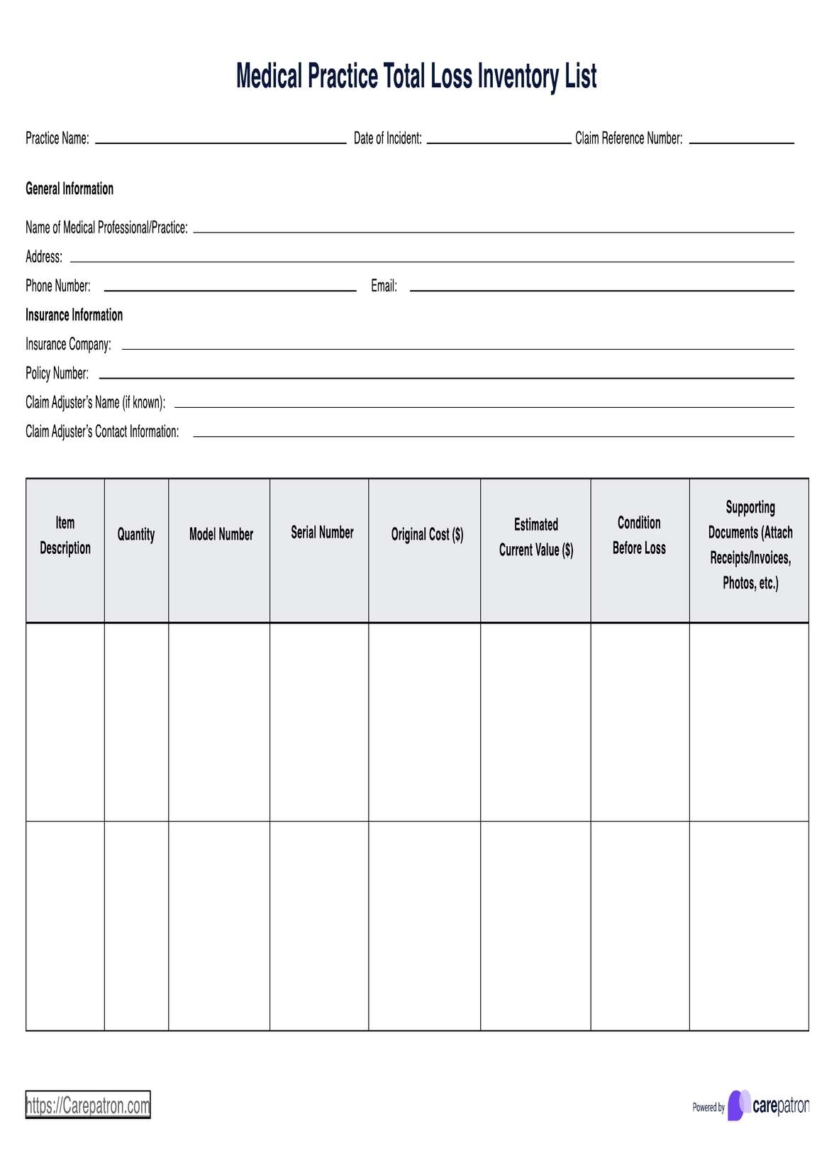 Total Loss Inventory List Template