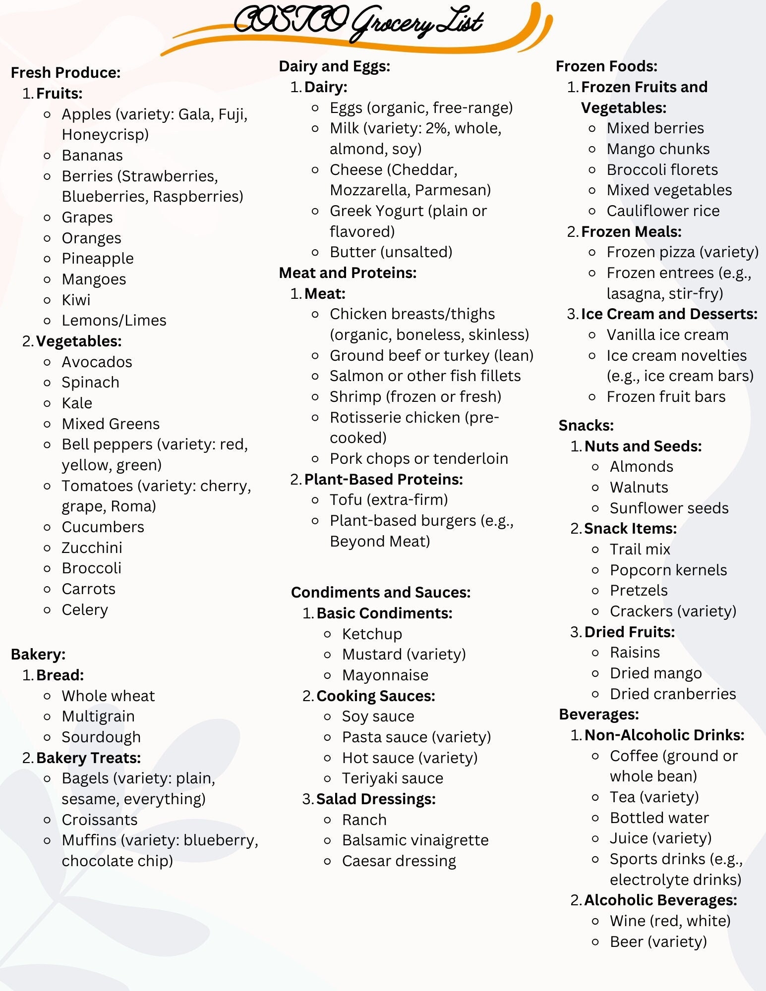 Costco Grocery List Template