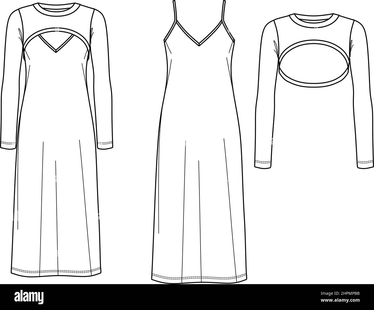 Vector Maxi Dress With Shoulder Straps Technical Drawing Woman Slip Dress With Long Sleeved Bolero Fashion CAD Sketch Template Flat Jersey Or Wov Stock Vector Image U0026 Art Alamy