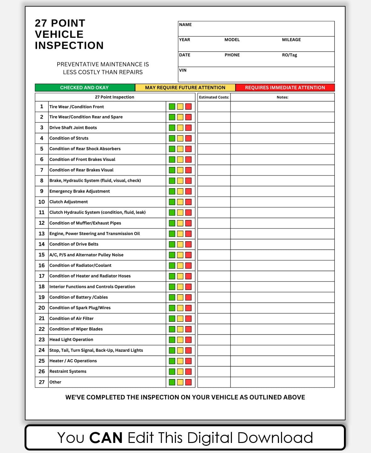 Vehicle Inspection List Template