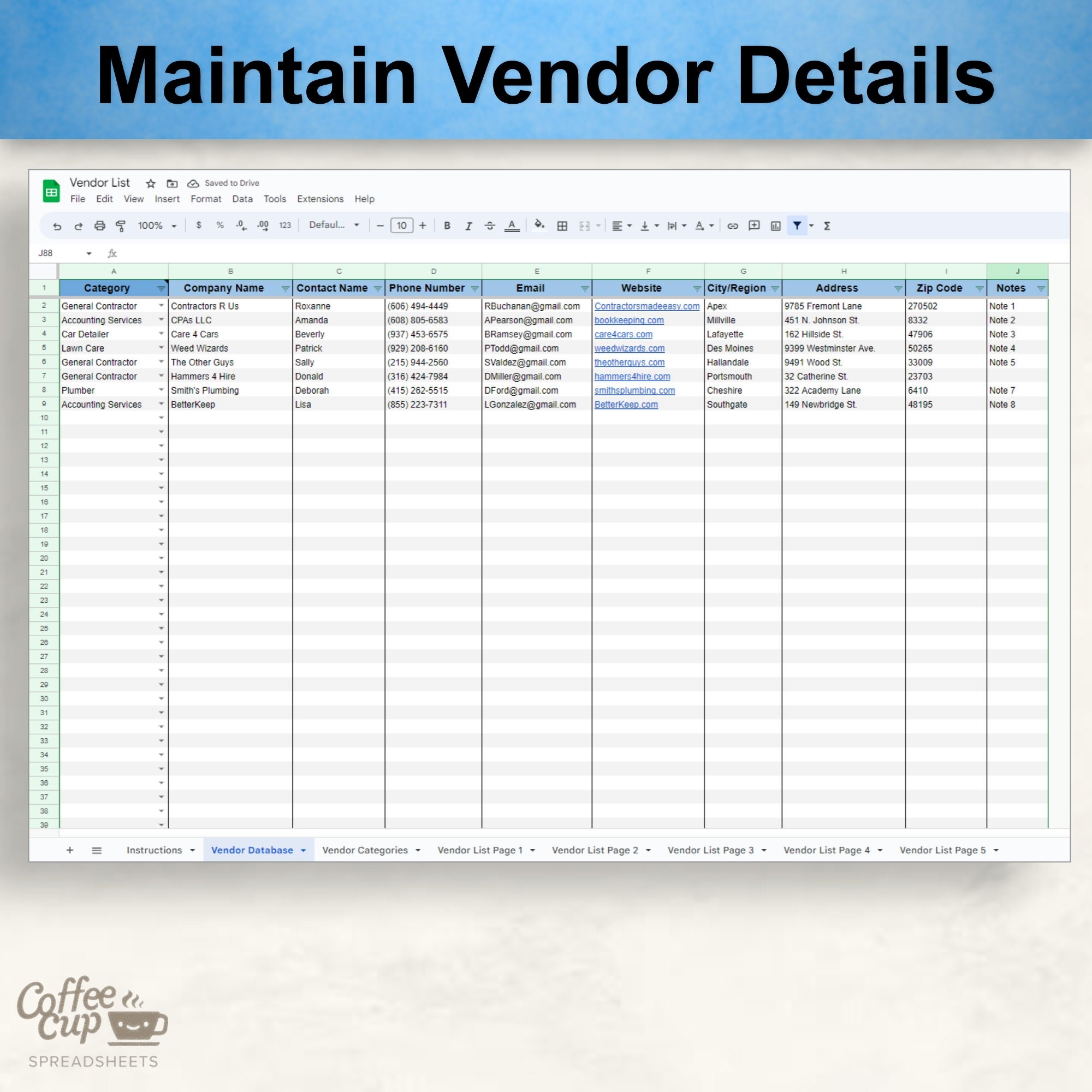 Vendor Contact List Template