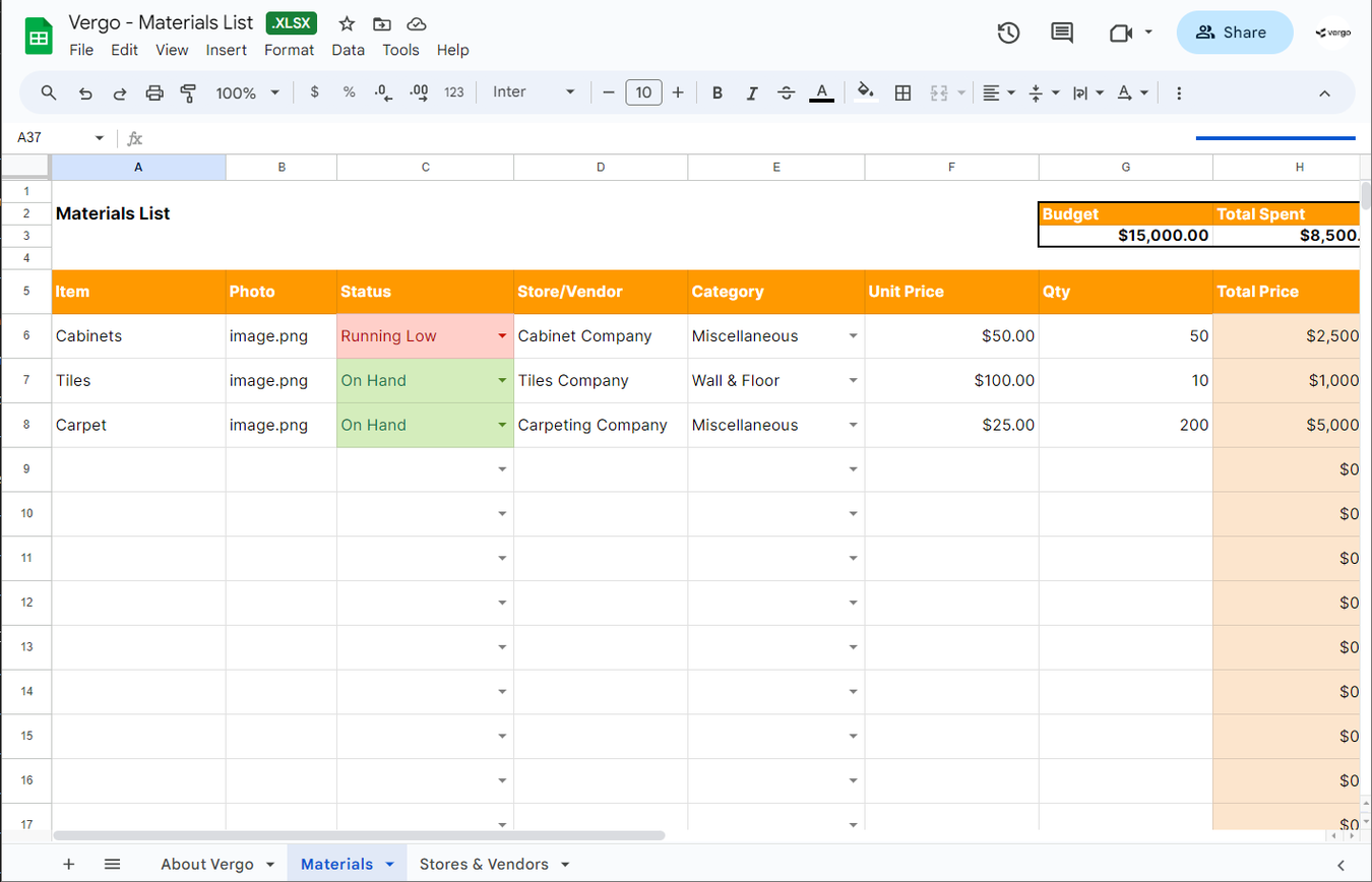 Construction Material List Template