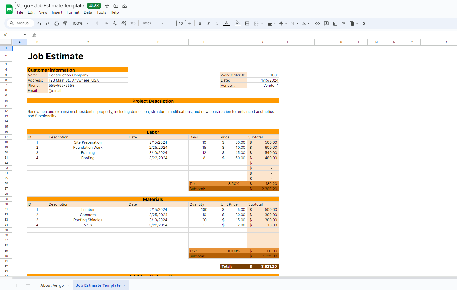 Building Materials List Template