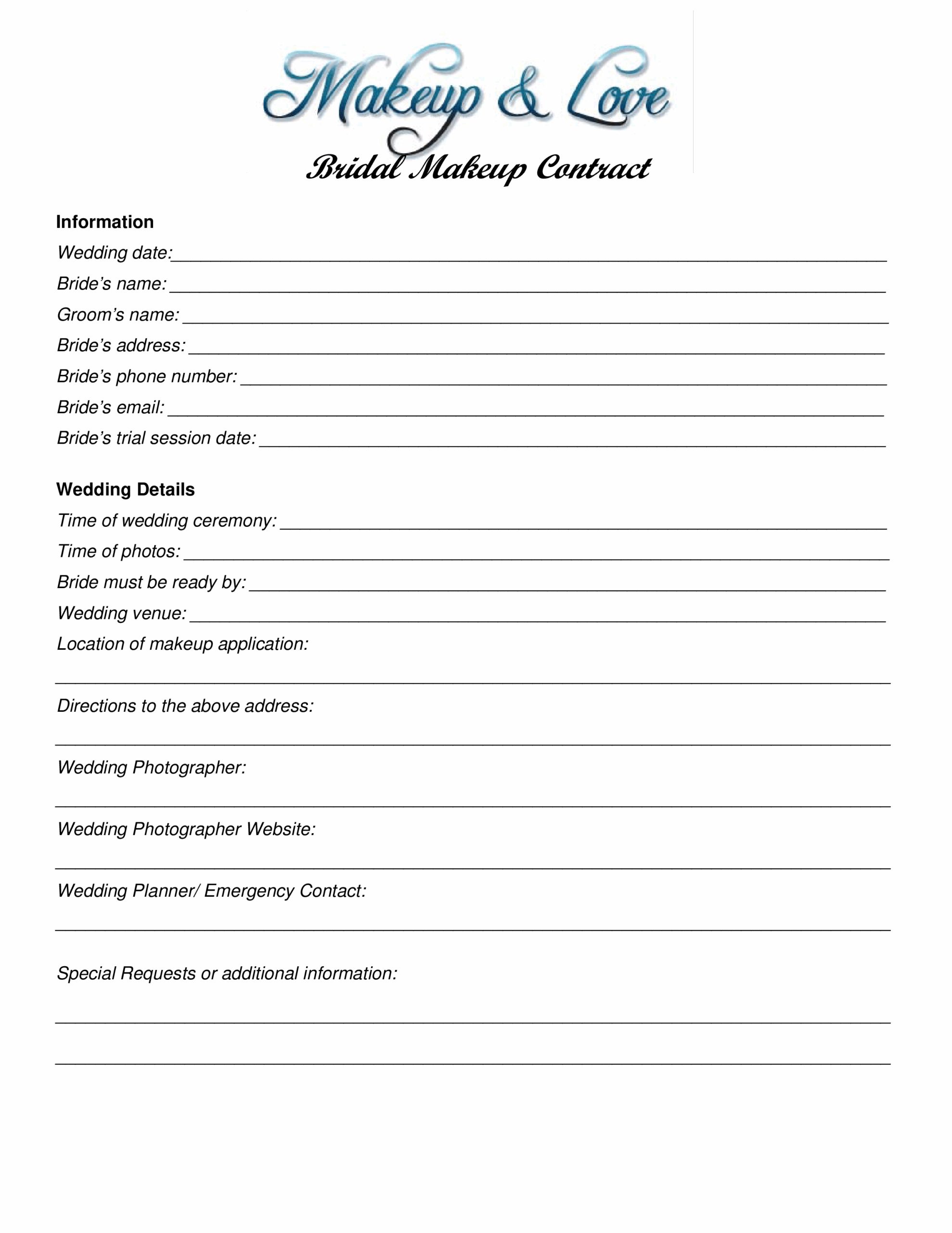 Printable Free Bridal Makeup Contract Template