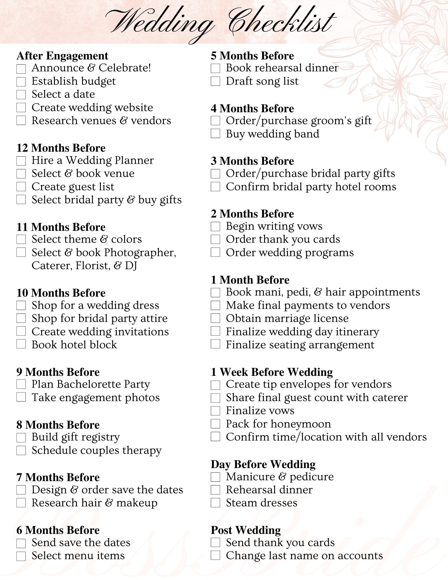 Wedding Checklist Editable Printable Instant Download Wedding Planner Wedding Template