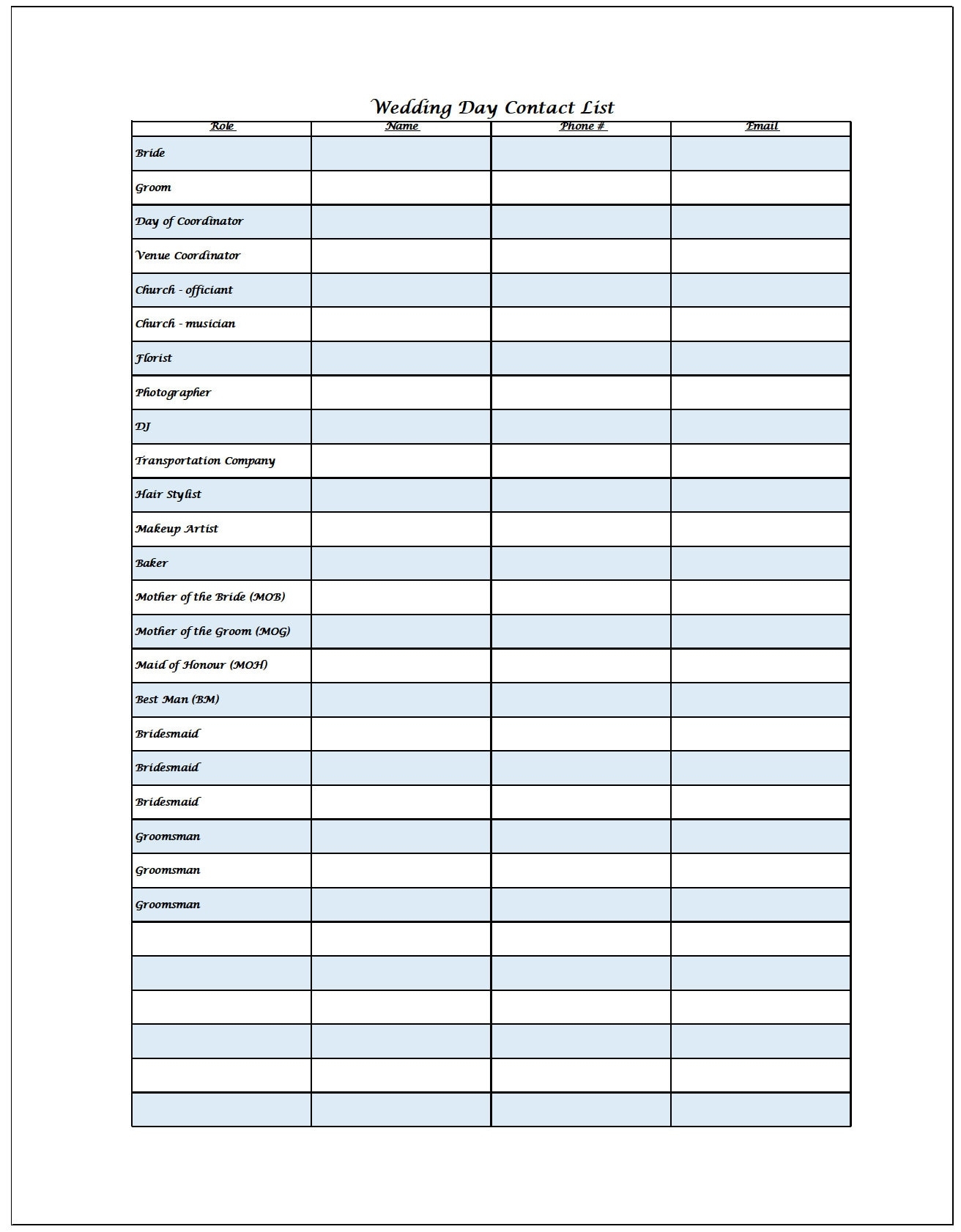 Wedding Party List Template