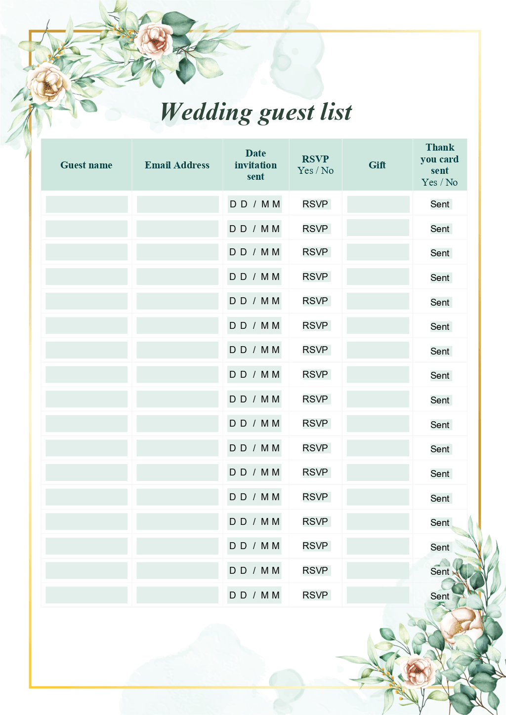 Guest List Template For Wedding