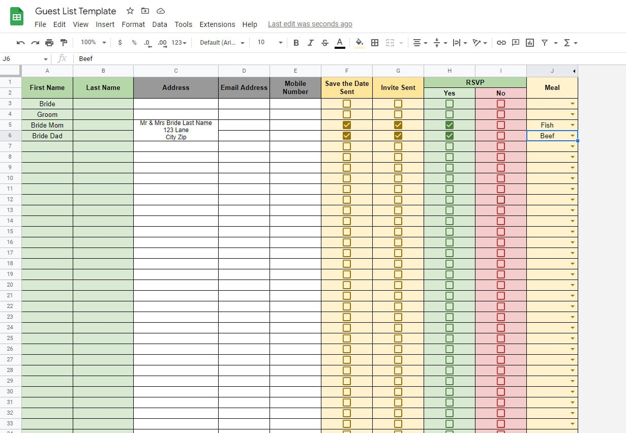 Wedding Guest List U0026 RSVP Spreadsheet Template For Excel Or Google Sheets Etsy