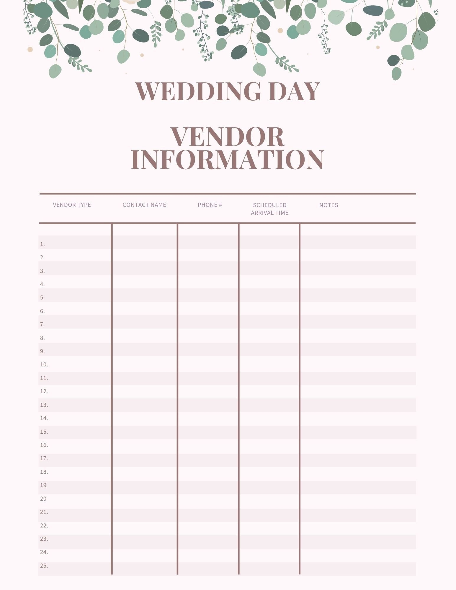 Wedding Vendor Contact Sheet FILLABLE INSTANT DOWNLOAD
