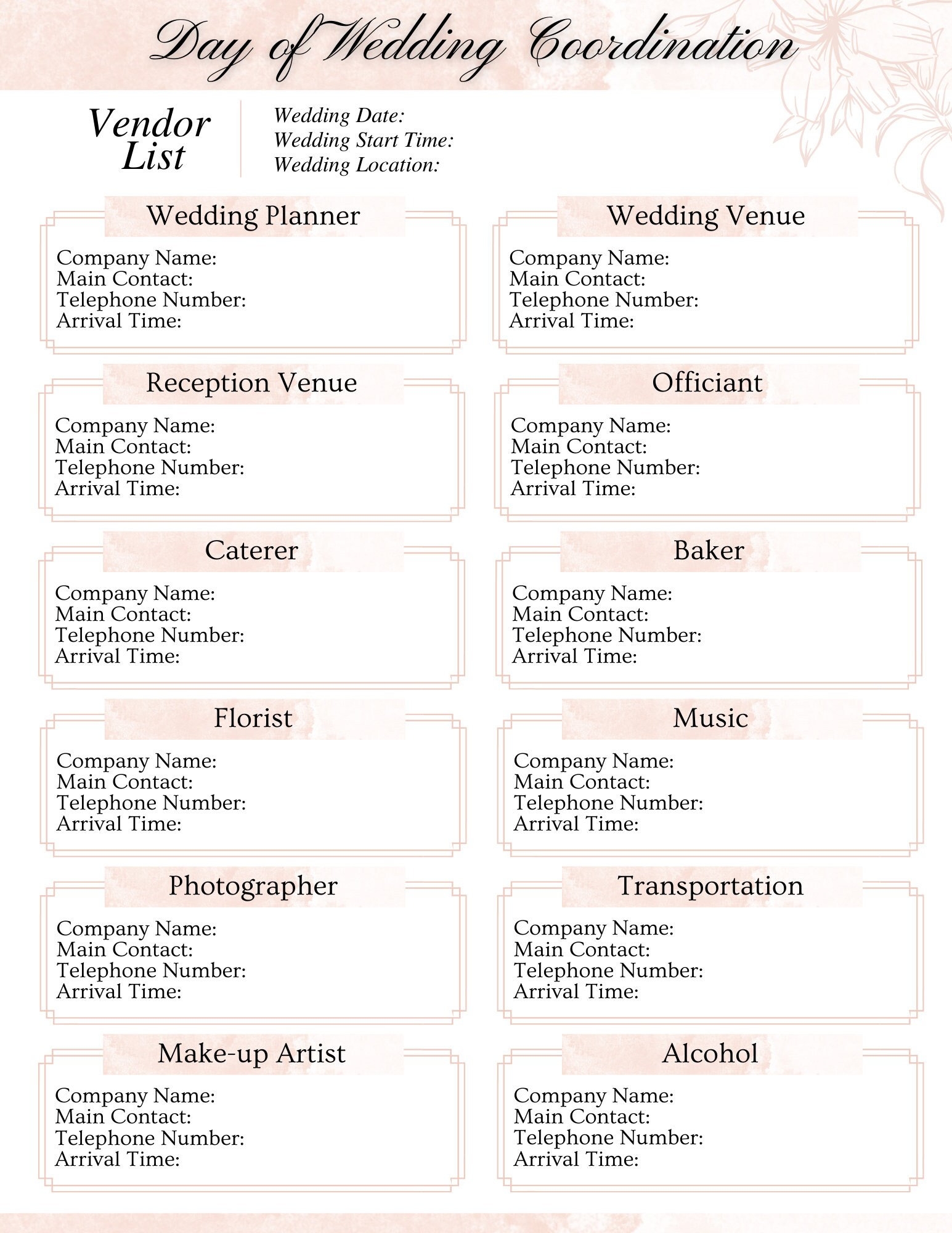 Wedding Vendor List Template