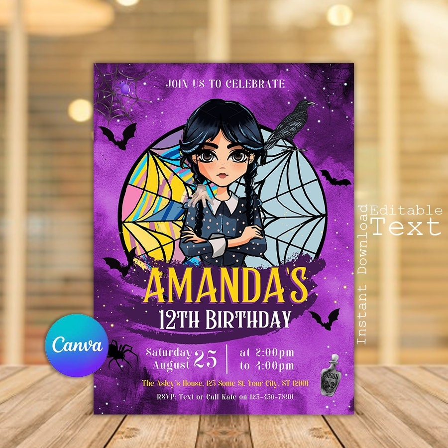Wednesday Invitation Wednesday Addams Birthday Party Invitation Wednesday Party Addams Birthday Party Invitation Canva Editable Template Etsy