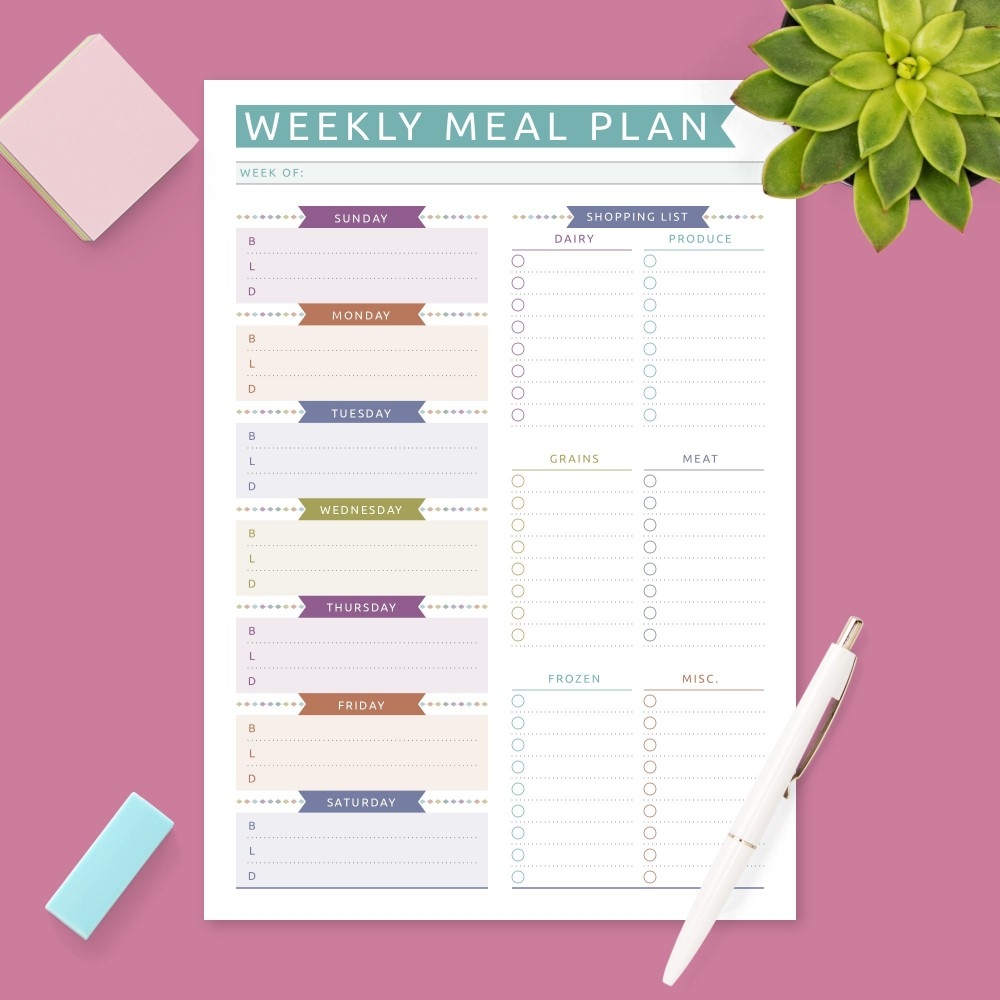 Weekly Menu Planner U0026amp Grocery List Colored Template 