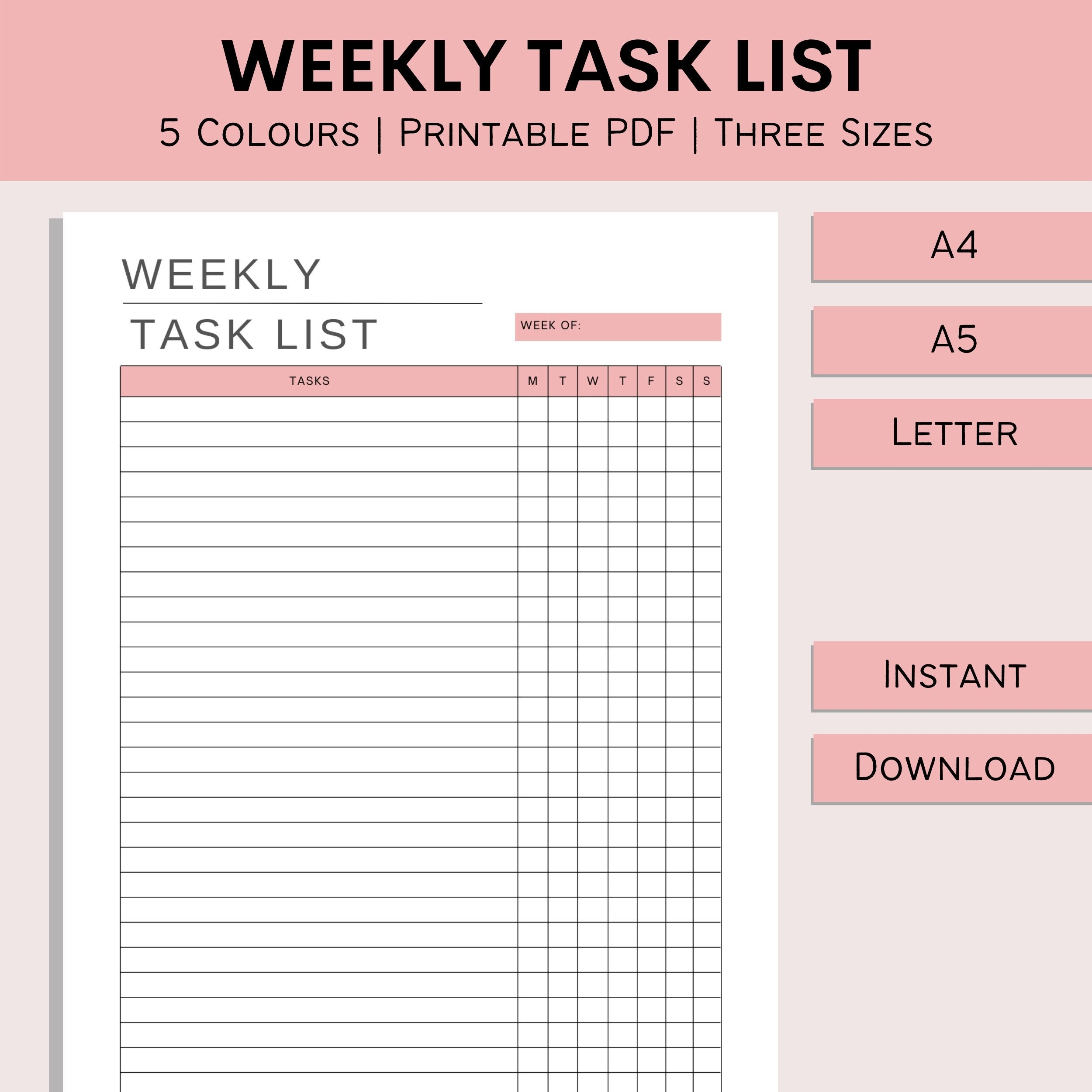 Weekly Task List Printable Daily Checklist Day To Day Tasks Task Checklist Weekly Habits To Do Chart PDF A4 A5 Letter Etsy