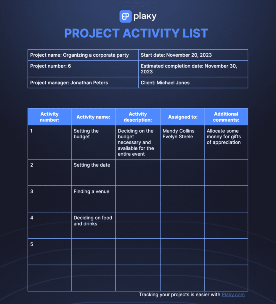 Activities List Template